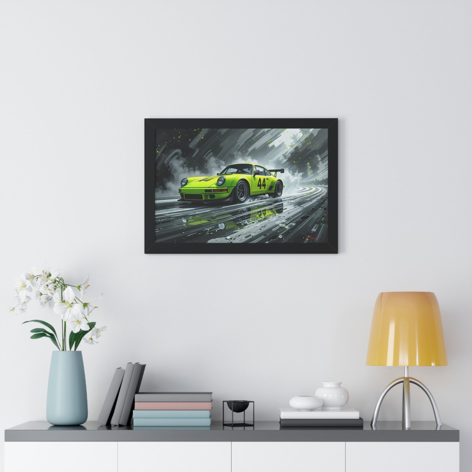 Limited Edition Porsche 930 Turbo in Neon Green with Dynamic Black and White Background Wall Art Framed Print | Collector’s Porsche Artwork - Image 5