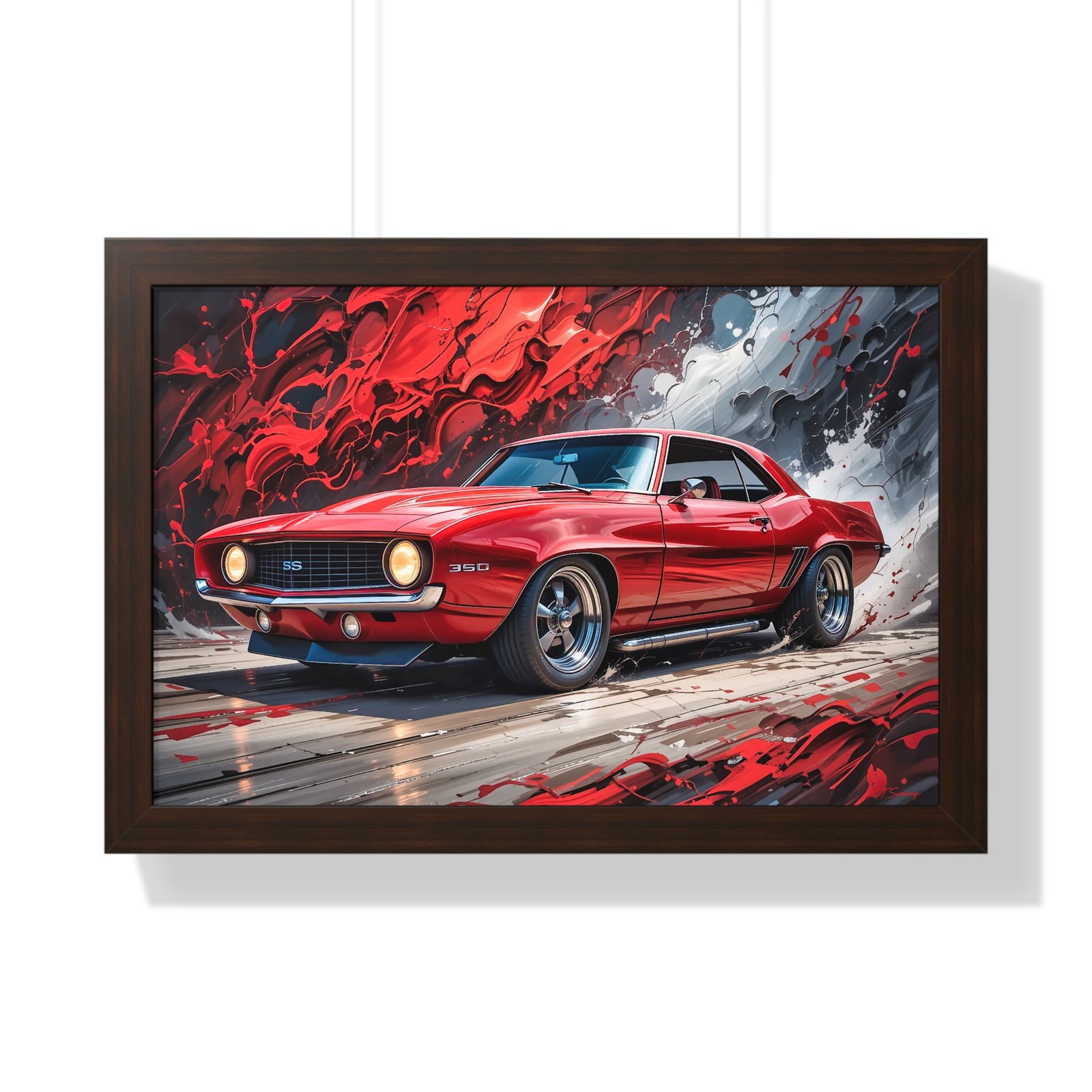 1969 Red Camaro SS Hot Rod Wall Art Framed Print with Textured Oil Paint Style Background | Studio Edition Collector’s Artwork - Image 13
