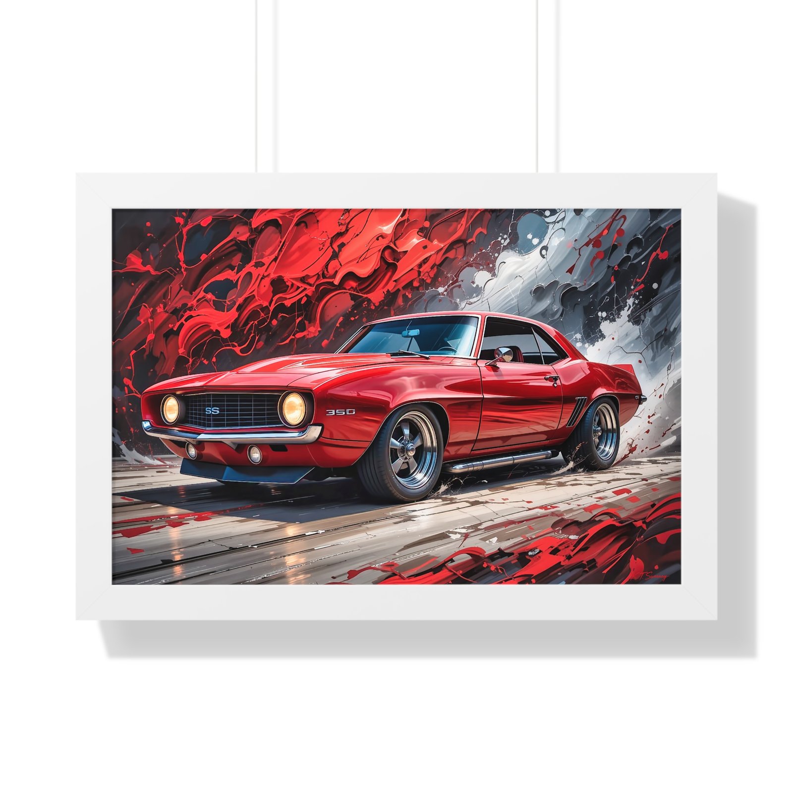 1969 Red Camaro SS Hot Rod Wall Art Framed Print with Textured Oil Paint Style Background | Studio Edition Collector’s Artwork - Image 22