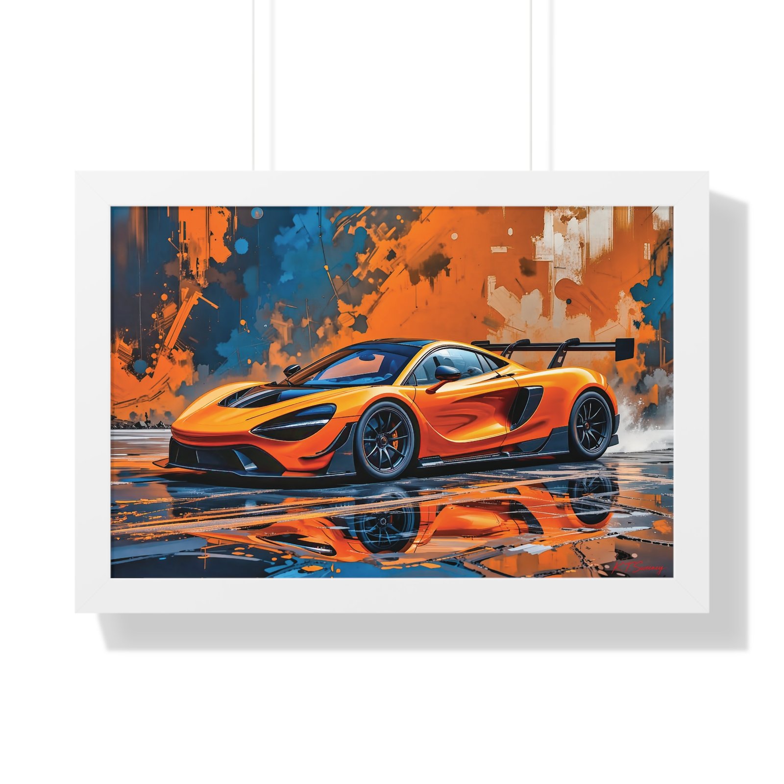 Limited Edition McLaren Supercar Wall Art Framed Print in Papaya Orange and Black Livery with Watercolor Style Textured Design | Collector’s Motorsport Artwork - Image 22