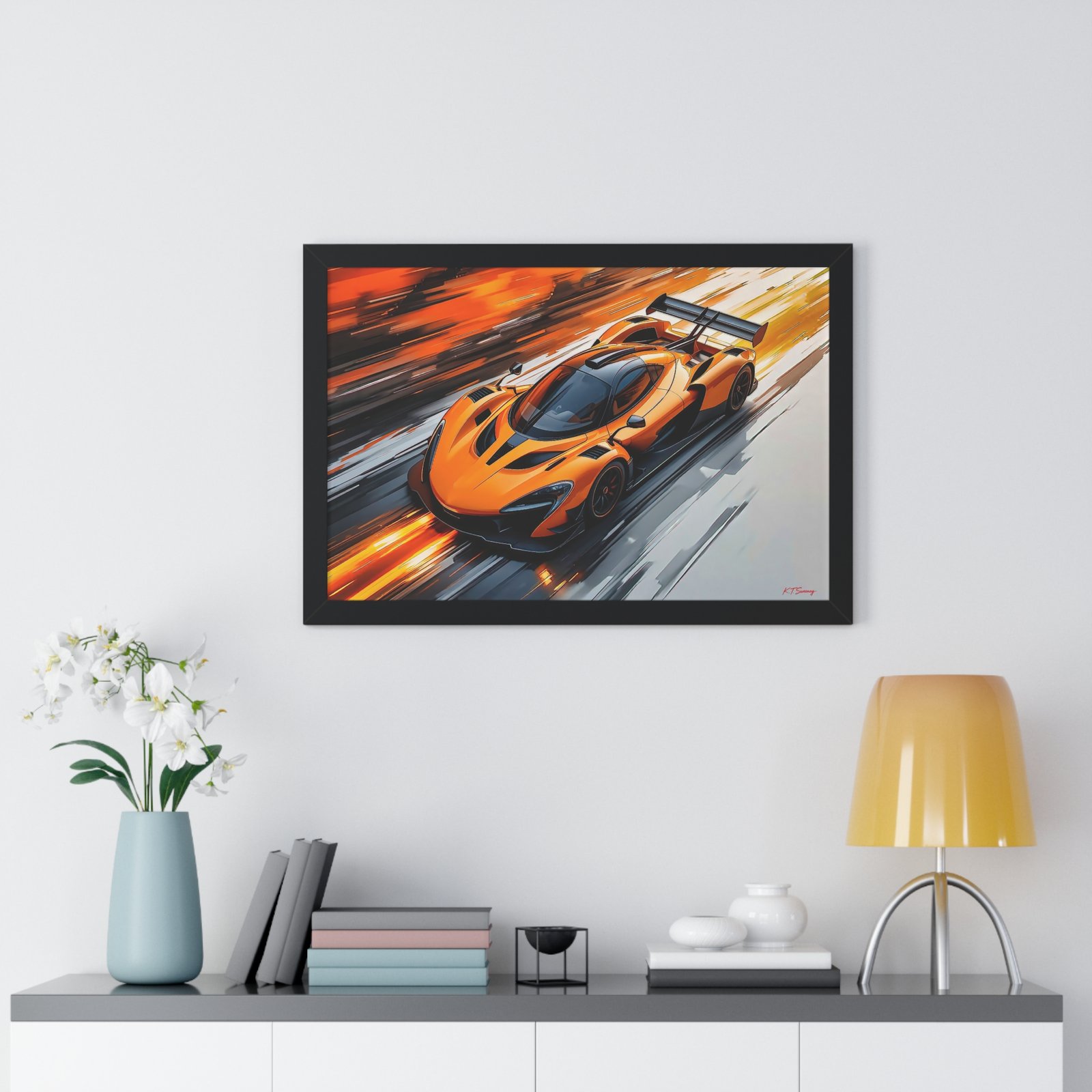 Limited Edition McLaren Inspired Supercar Wall Art Framed Print in Papaya Orange and Black Livery with Watercolor Style Textured Design | Collector’s Motorsport Artwork - Image 8