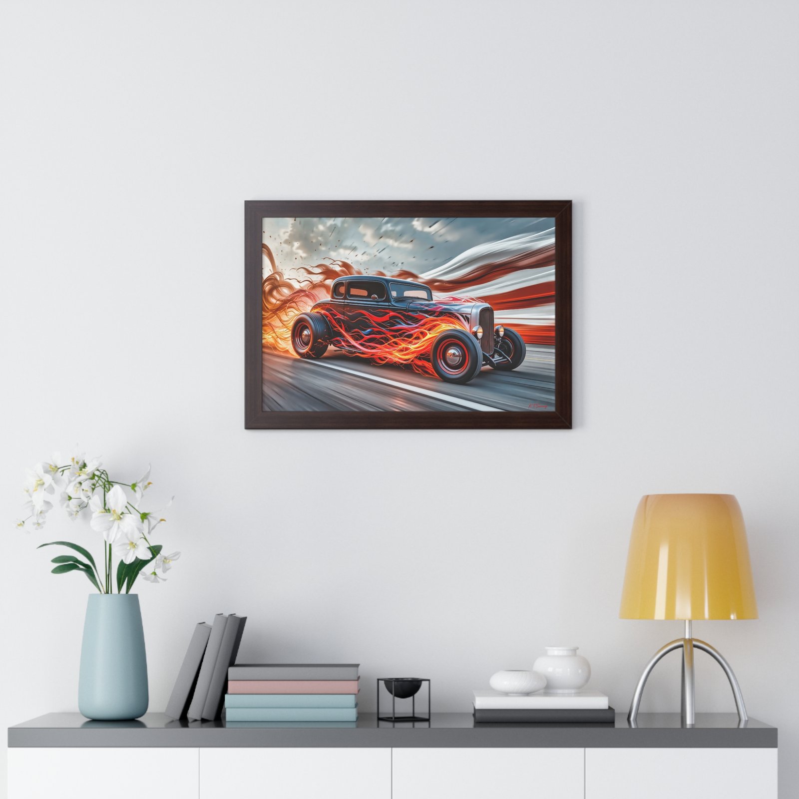 Limited Edition Hot Rod Wall Art Framed Print with Flames with American Flag - Image 14