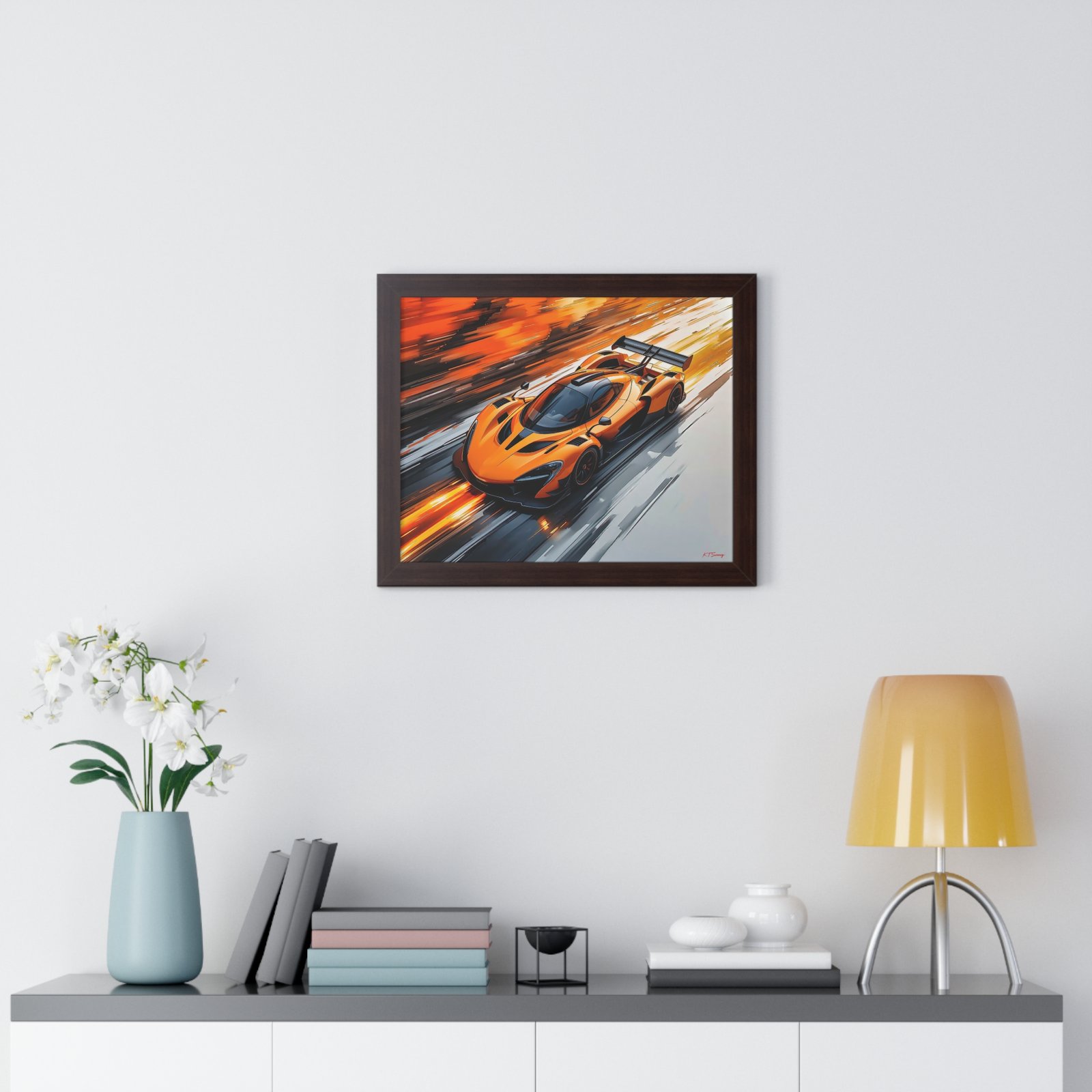 Limited Edition McLaren Inspired Supercar Wall Art Framed Print in Papaya Orange and Black Livery with Watercolor Style Textured Design | Collector’s Motorsport Artwork - Image 11