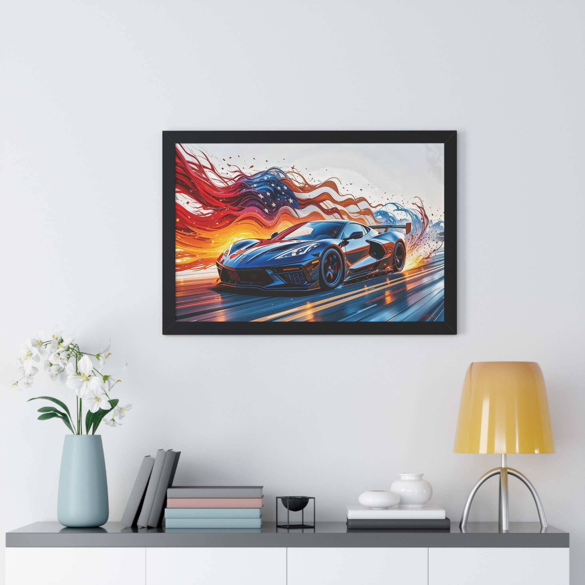 Exclusive Edition C8 Corvette with American Flag Wall Art Framed Print | Collector’s Corvette Artwork - Image 11