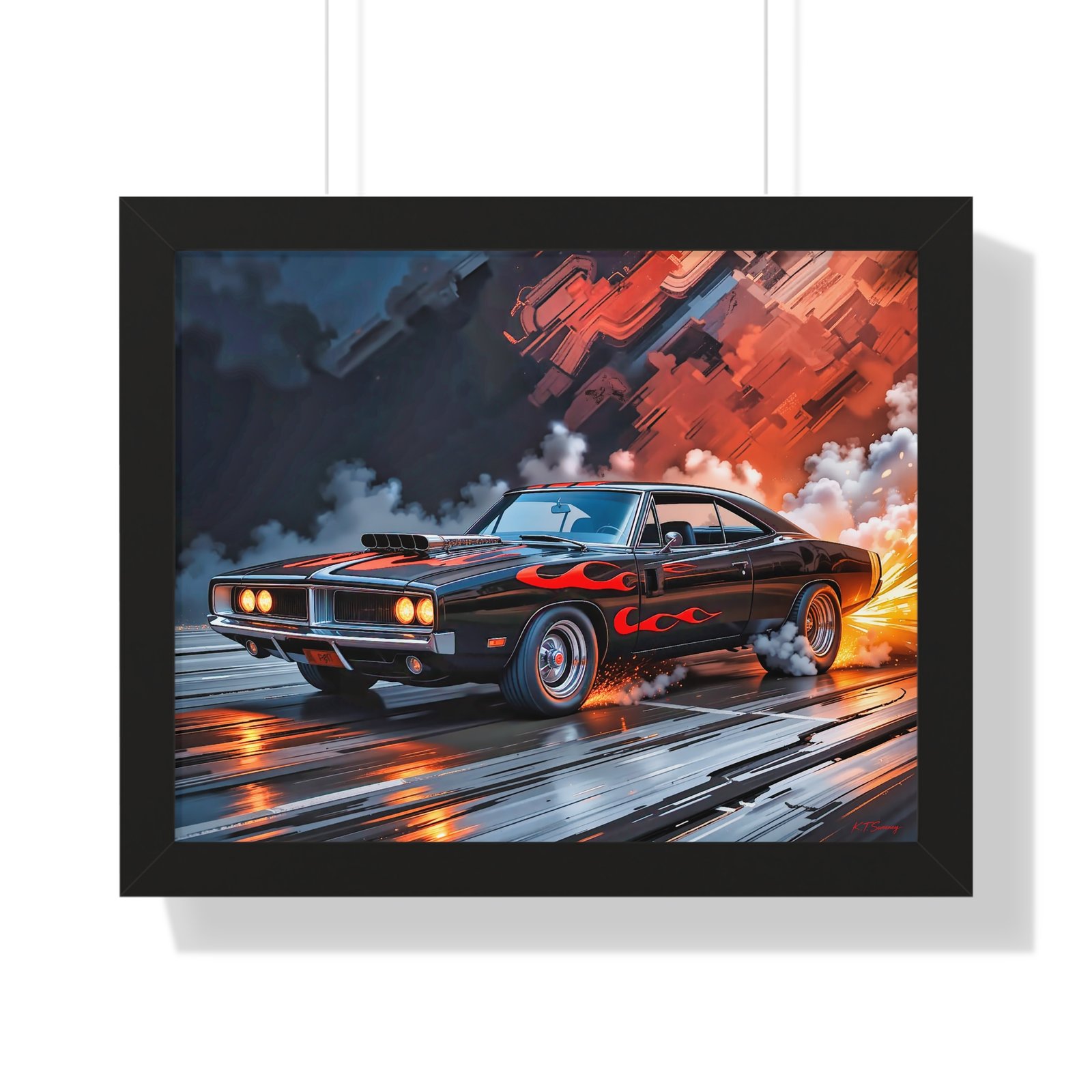 Limited Collector’s Edition 1969 Dodge Charger Hot Rod in Black with Flames Wall Art Framed Print | Classic Mopar Artwork