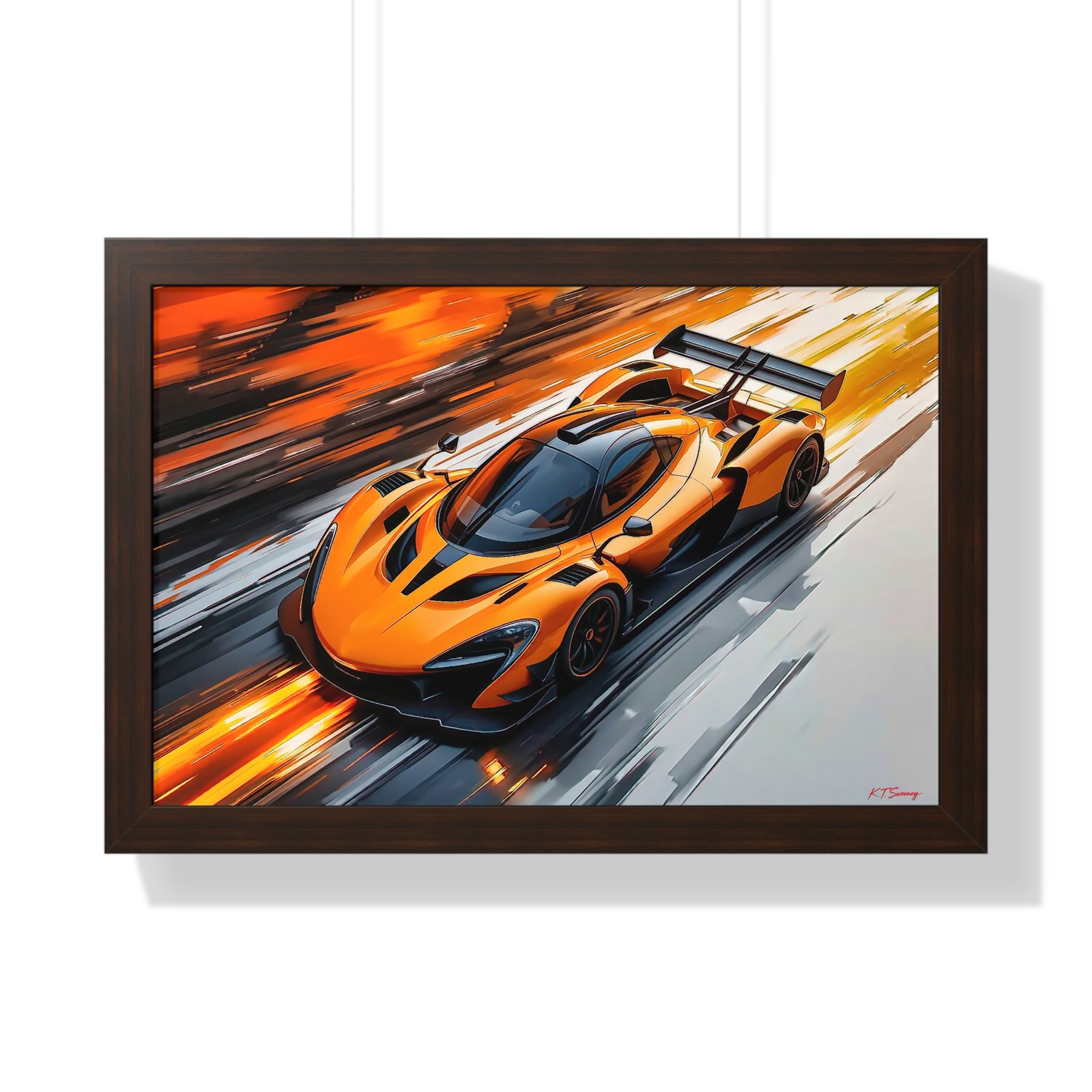 Limited Edition McLaren Inspired Supercar Wall Art Framed Print in Papaya Orange and Black Livery with Watercolor Style Textured Design | Collector’s Motorsport Artwork - Image 13