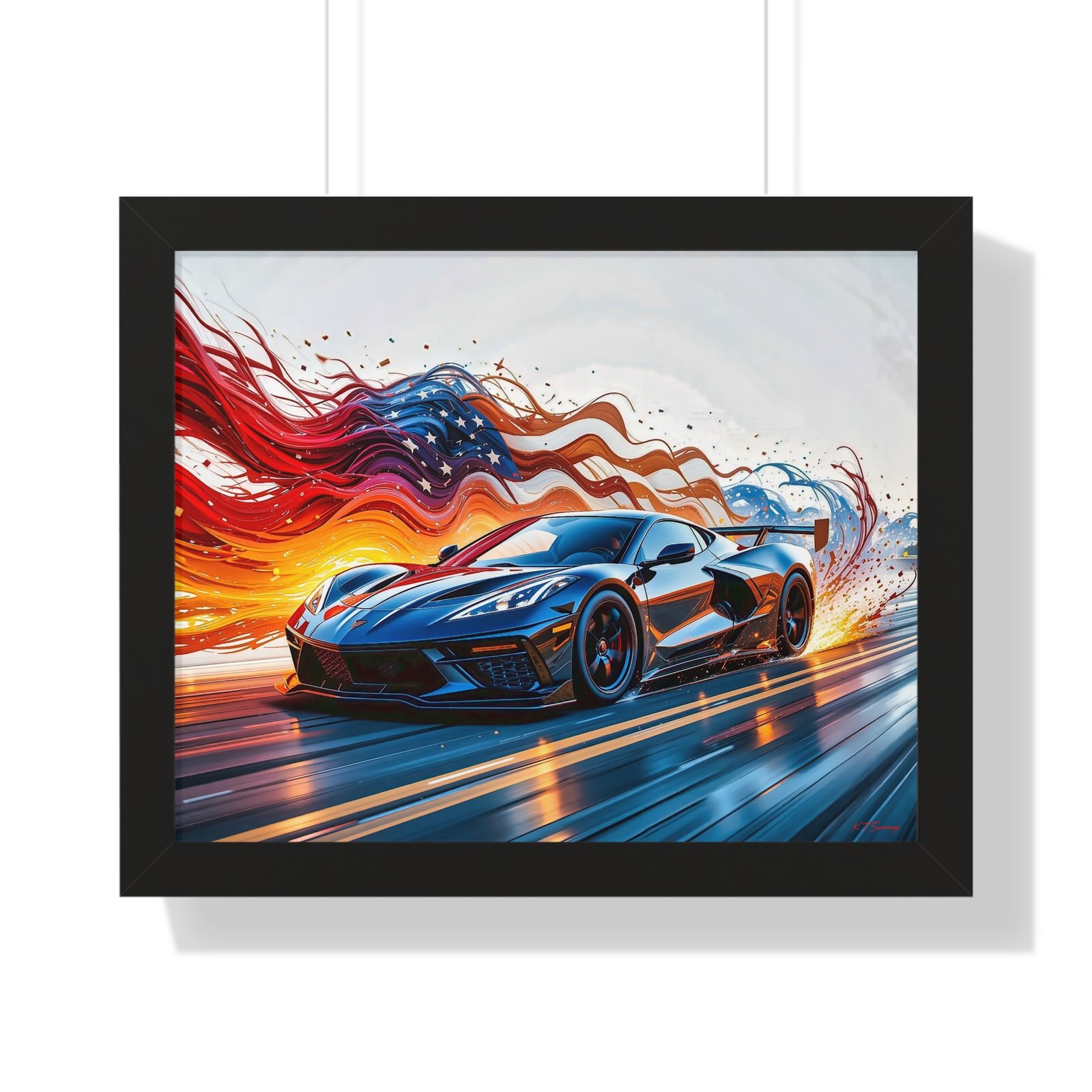 Exclusive Edition C8 Corvette with American Flag Wall Art Framed Print | Collector’s Corvette Artwork - Image 4