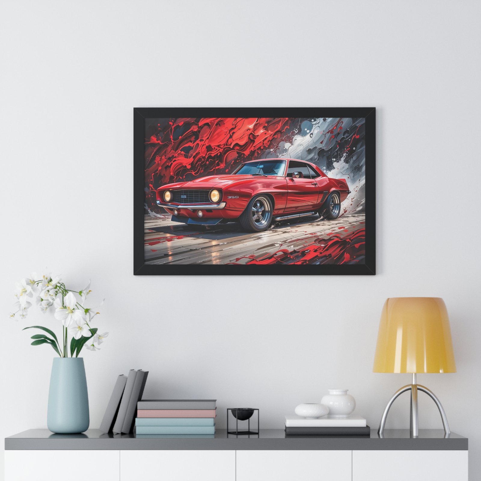 1969 Red Camaro SS Hot Rod Wall Art Framed Print with Textured Oil Paint Style Background | Studio Edition Collector’s Artwork - Image 8