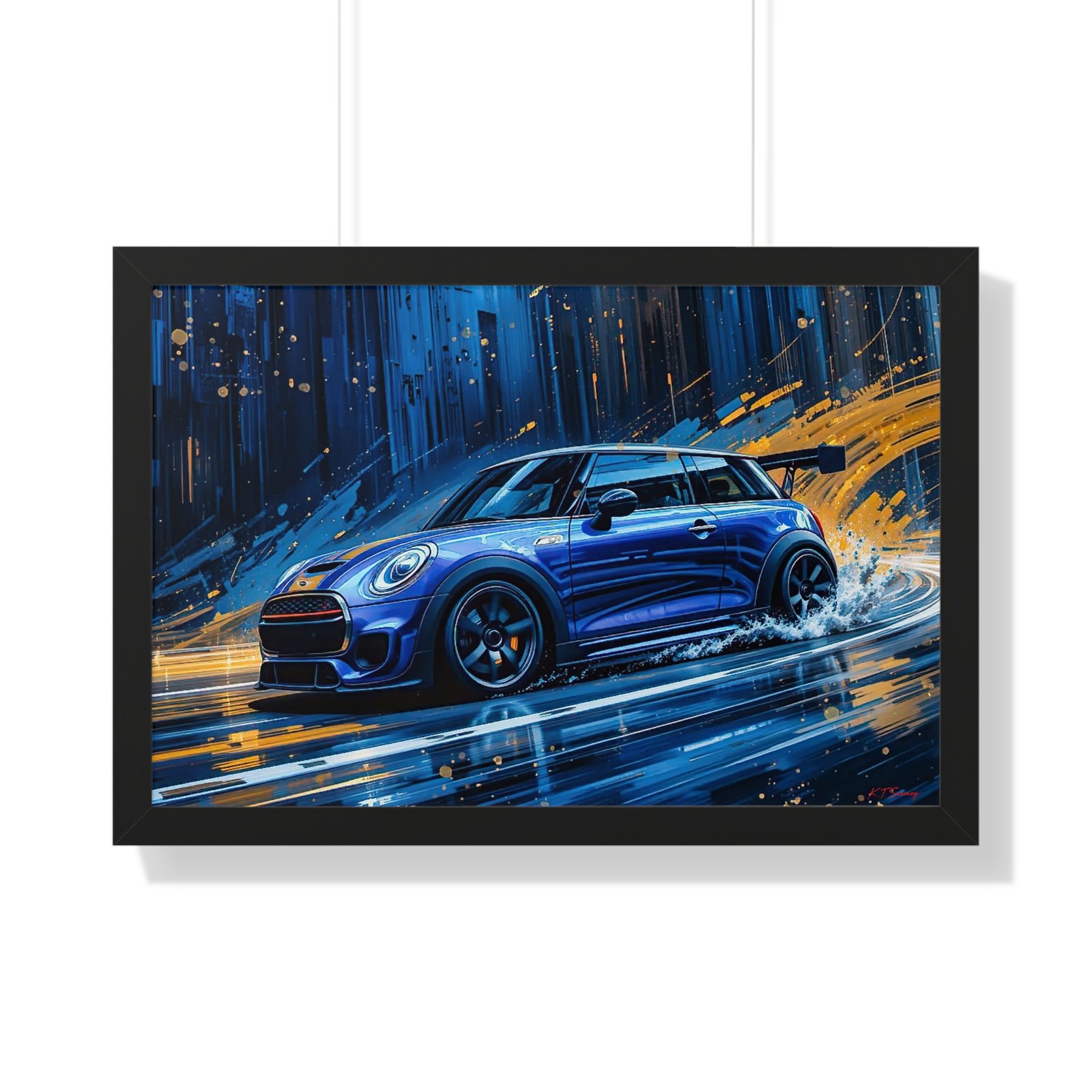 Blue Mini Cooper S Wall Art Framed Print with Dynamic Dramatic Background | Studio Edition Collector’s Artwork - Image 7