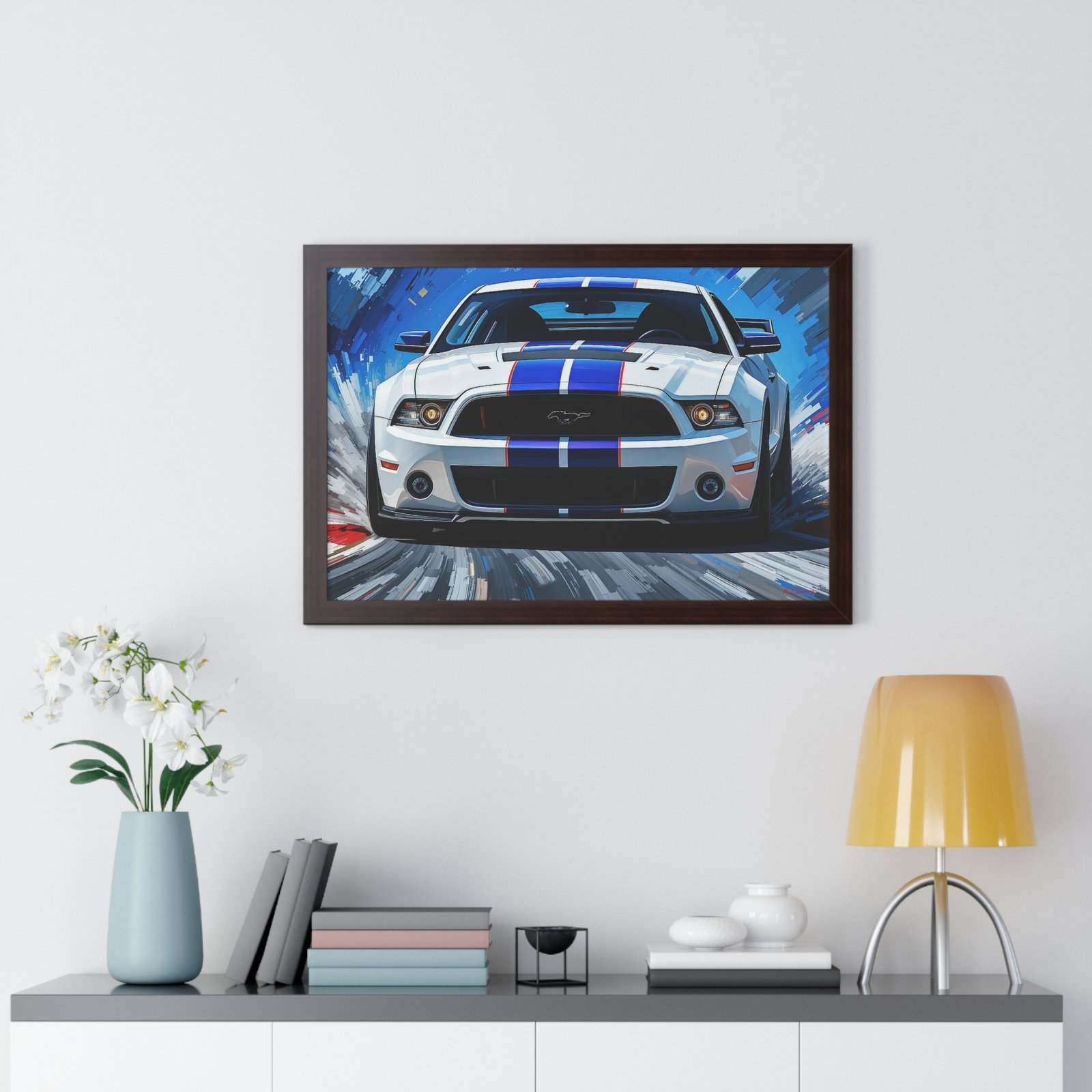 Limited Edition Mustang GT Classic Wall Art Framed Print in White with Blue Stripes Watercolor Background | Collector’s Muscle Car Artwork - Image 17