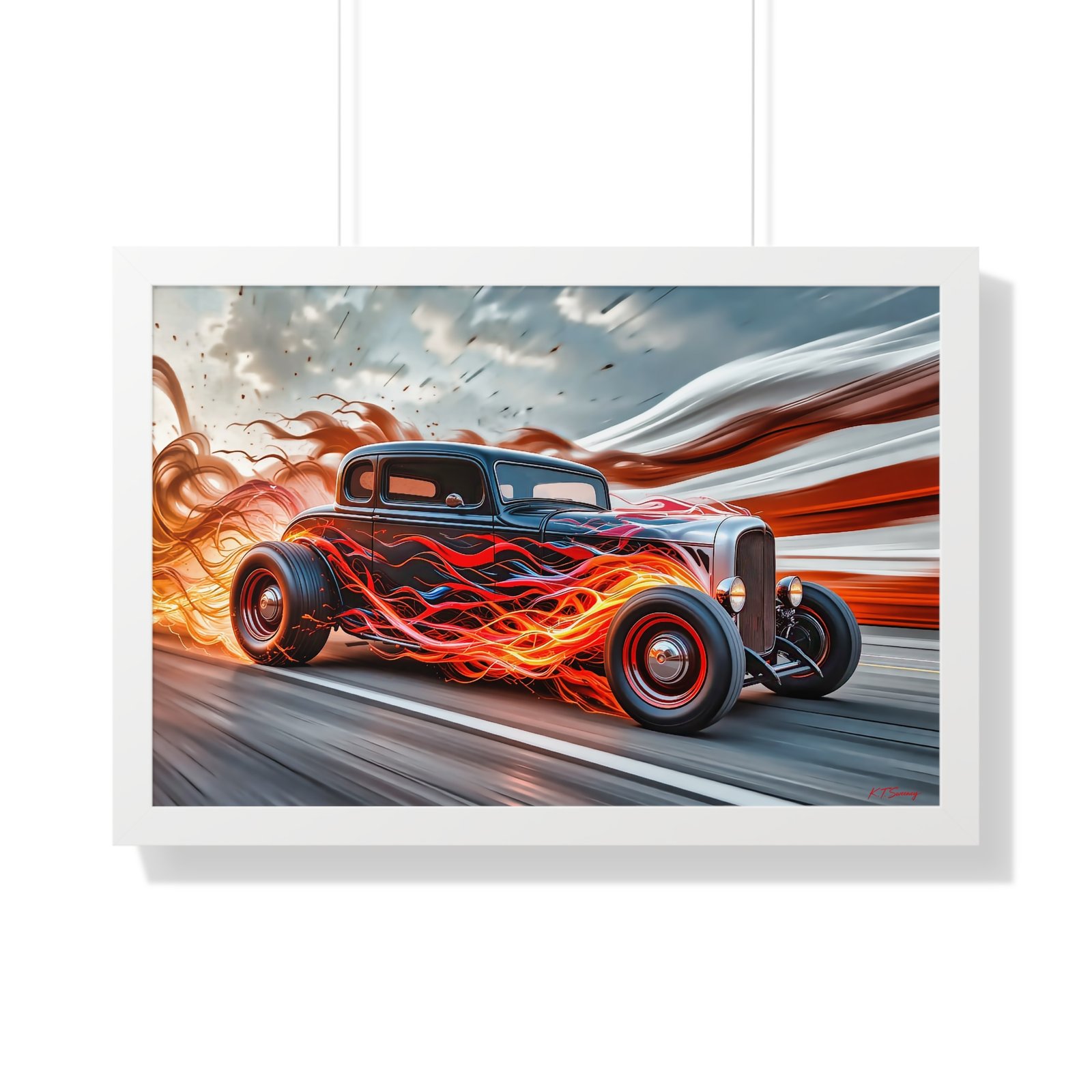 Limited Edition Hot Rod Wall Art Framed Print with Flames with American Flag - Image 25