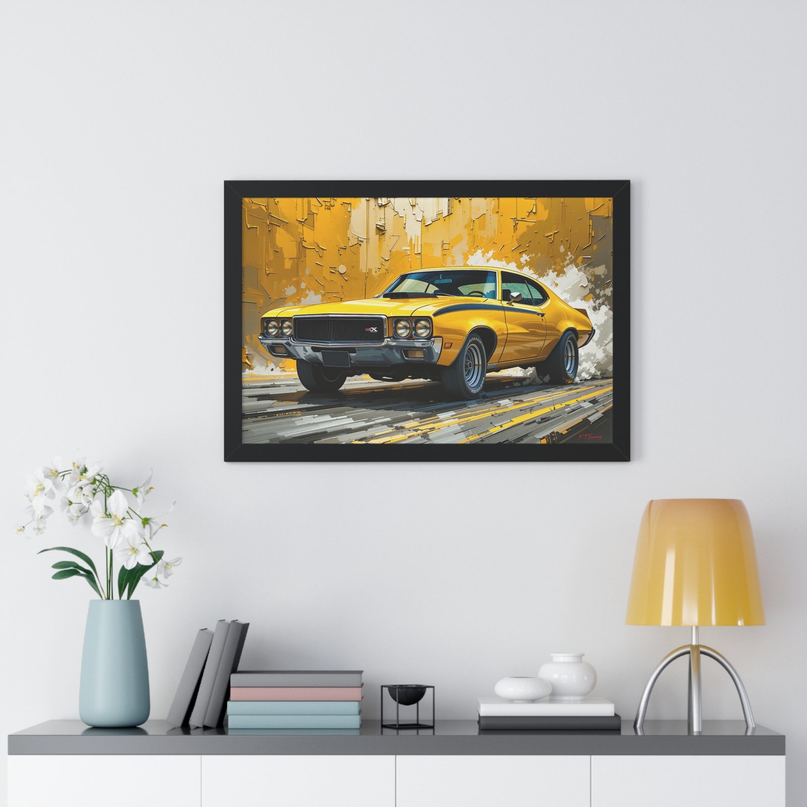 1970 Yellow Buick GSX Hot Rod Wall Art Framed Print with Textured Oil Paint Style Design | Studio Edition Collector’s Artwork - Image 8