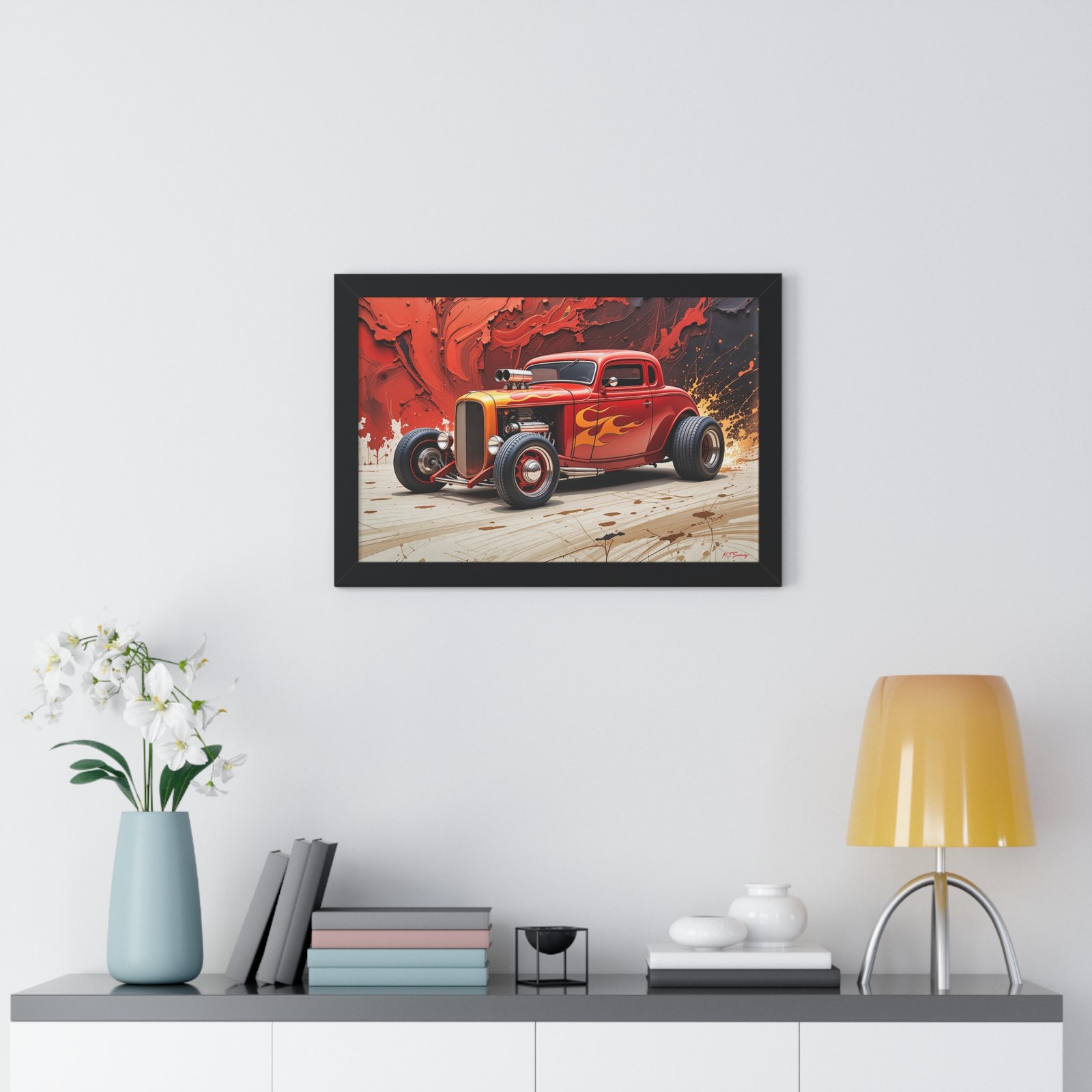 Limited Collector’s Edition 1932 Deuce Coupe Hot Rod in Red with Yellow Flames Wall Art Framed Print | Classic Hot Rod Artwork - Image 5