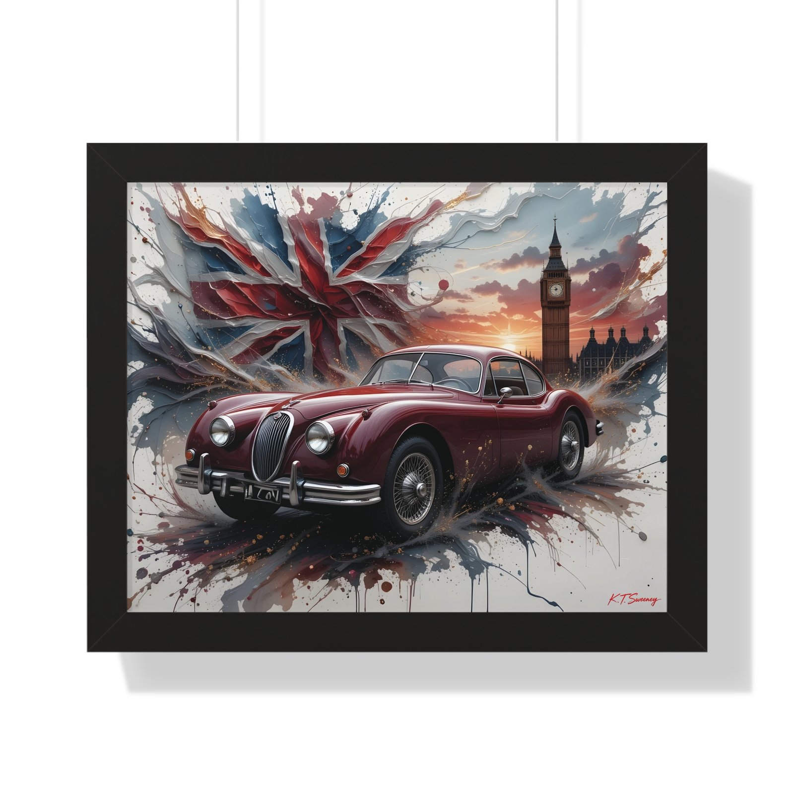 Limited Edition 1956 Jaguar XK140 Coupe Wall Art Framed Print with Union Jack | Tower of London Backdrop | Classic Jaguar Collector’s Artwork