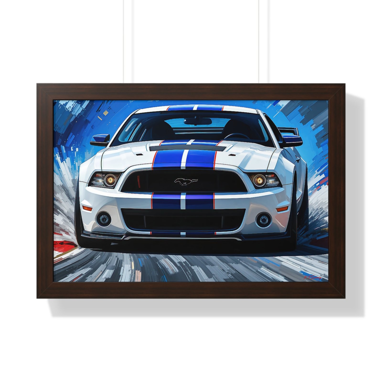 Limited Edition Mustang GT Classic Wall Art Framed Print in White with Blue Stripes Watercolor Background | Collector’s Muscle Car Artwork - Image 13