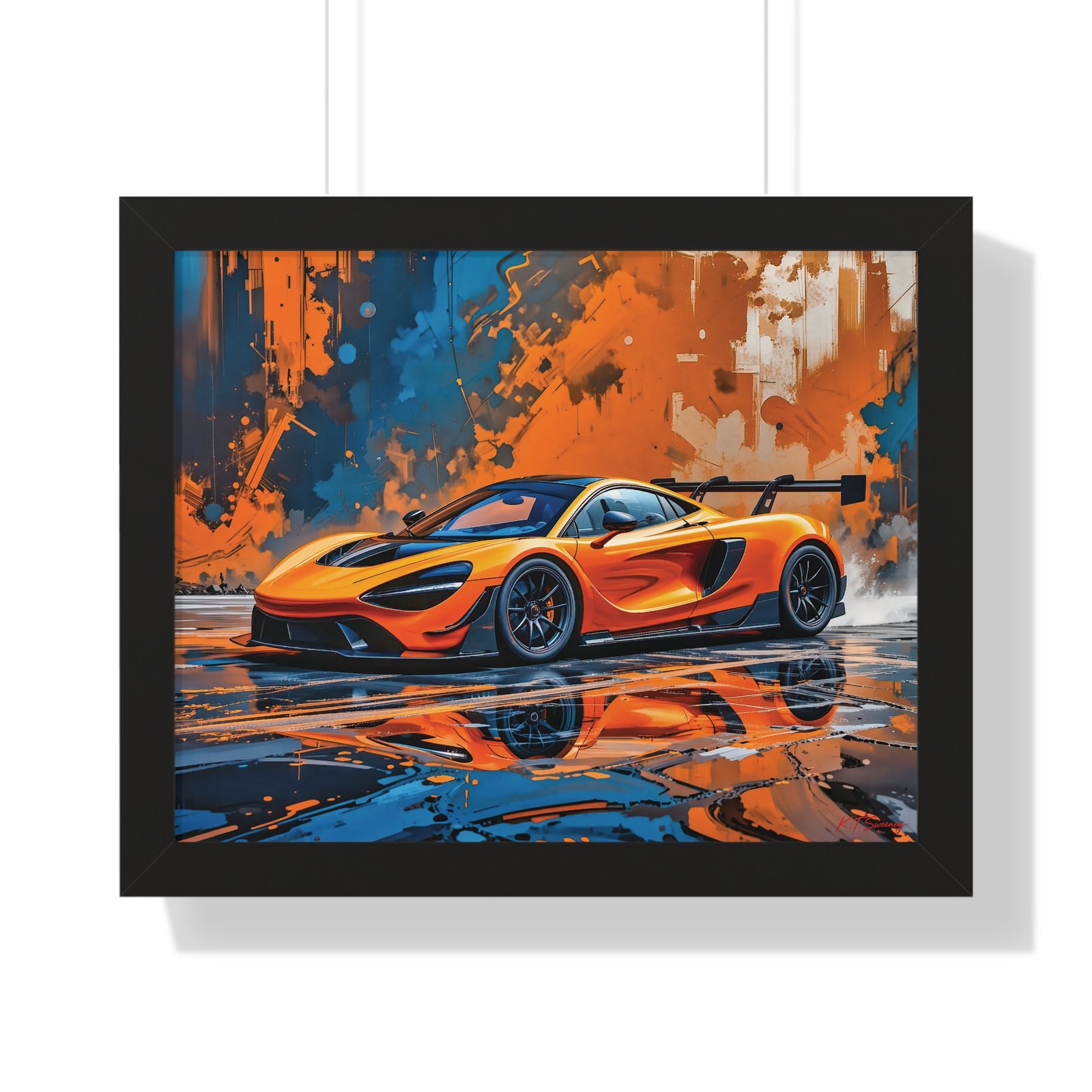 Limited Edition McLaren Supercar Wall Art Framed Print in Papaya Orange and Black Livery with Watercolor Style Textured Design | Collector’s Motorsport Artwork