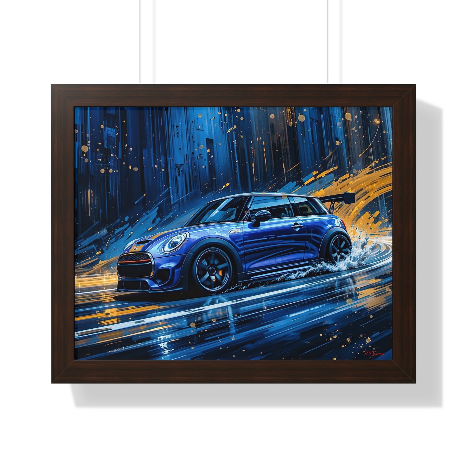Blue Mini Cooper S Wall Art Framed Print with Dynamic Dramatic Background | Studio Edition Collector’s Artwork - Image 10