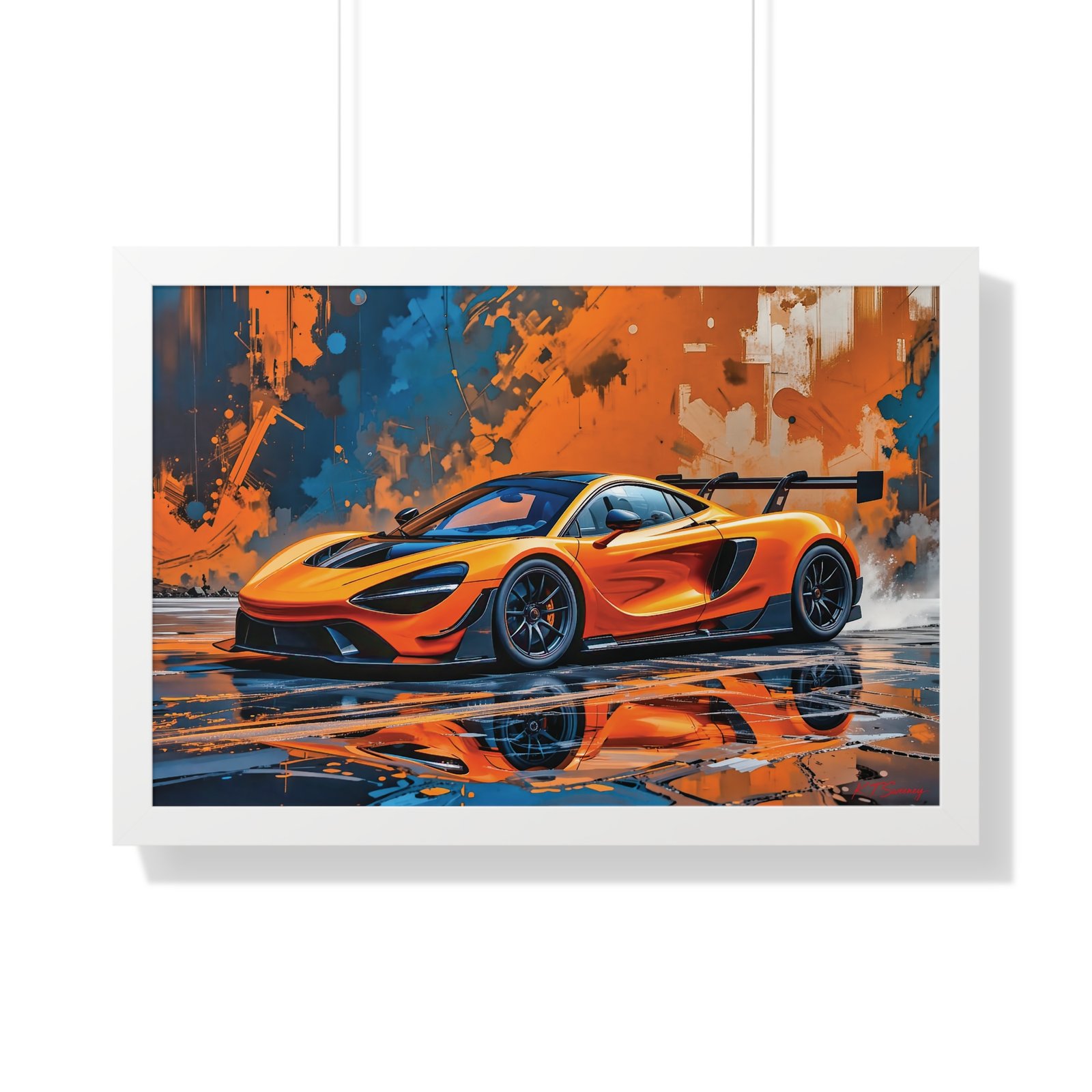 Limited Edition McLaren Supercar Wall Art Framed Print in Papaya Orange and Black Livery with Watercolor Style Textured Design | Collector’s Motorsport Artwork - Image 25