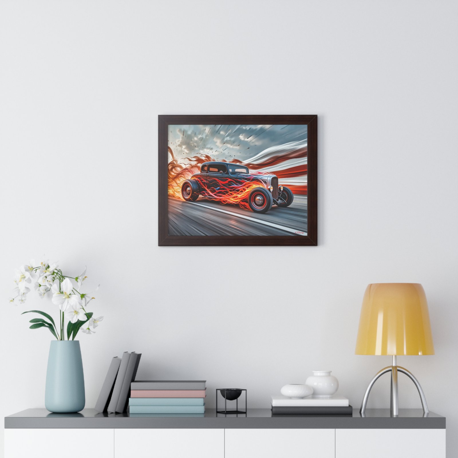 Limited Edition Hot Rod Wall Art Framed Print with Flames with American Flag - Image 11