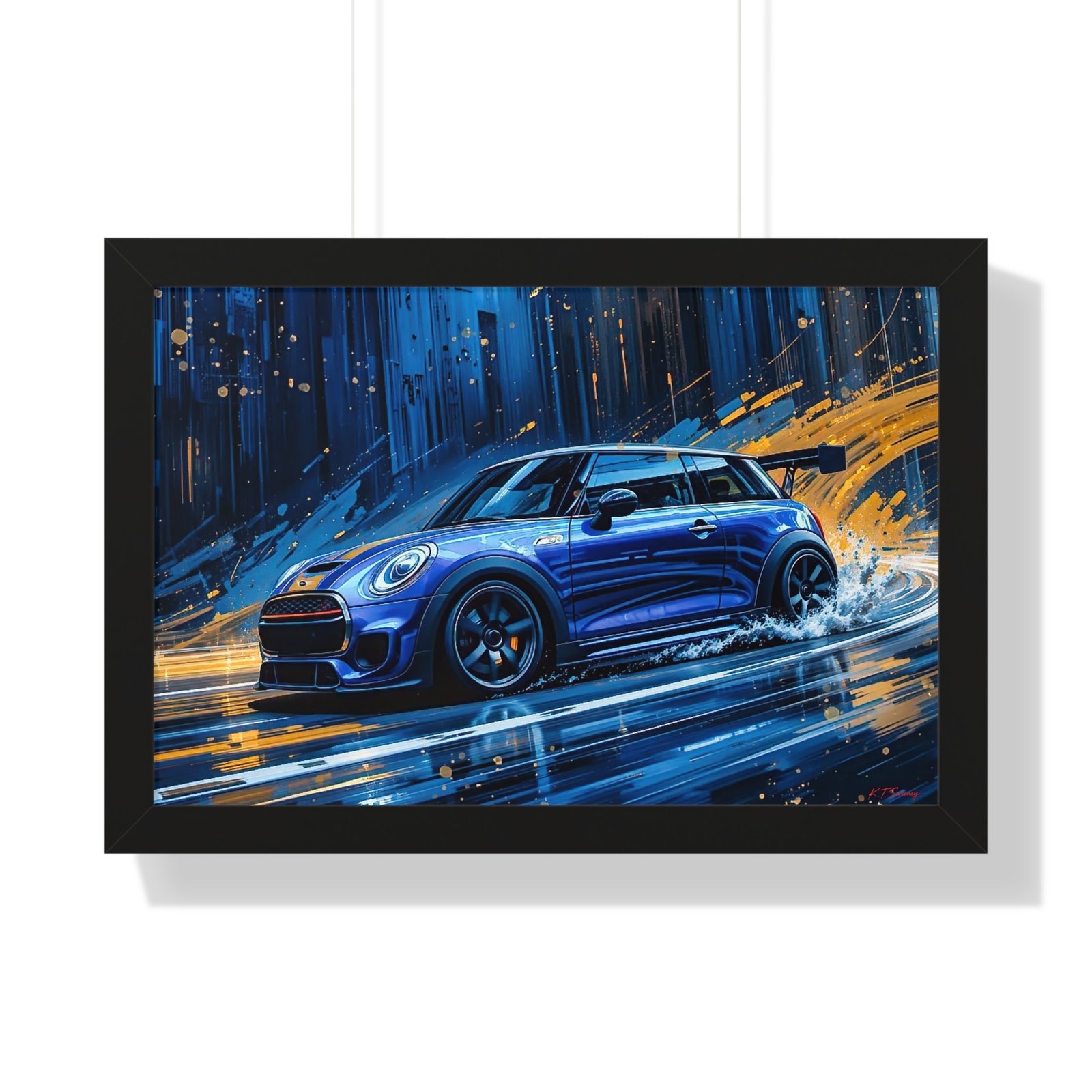 Blue Mini Cooper S Wall Art Framed Print with Dynamic Dramatic Background | Studio Edition Collector’s Artwork - Image 4