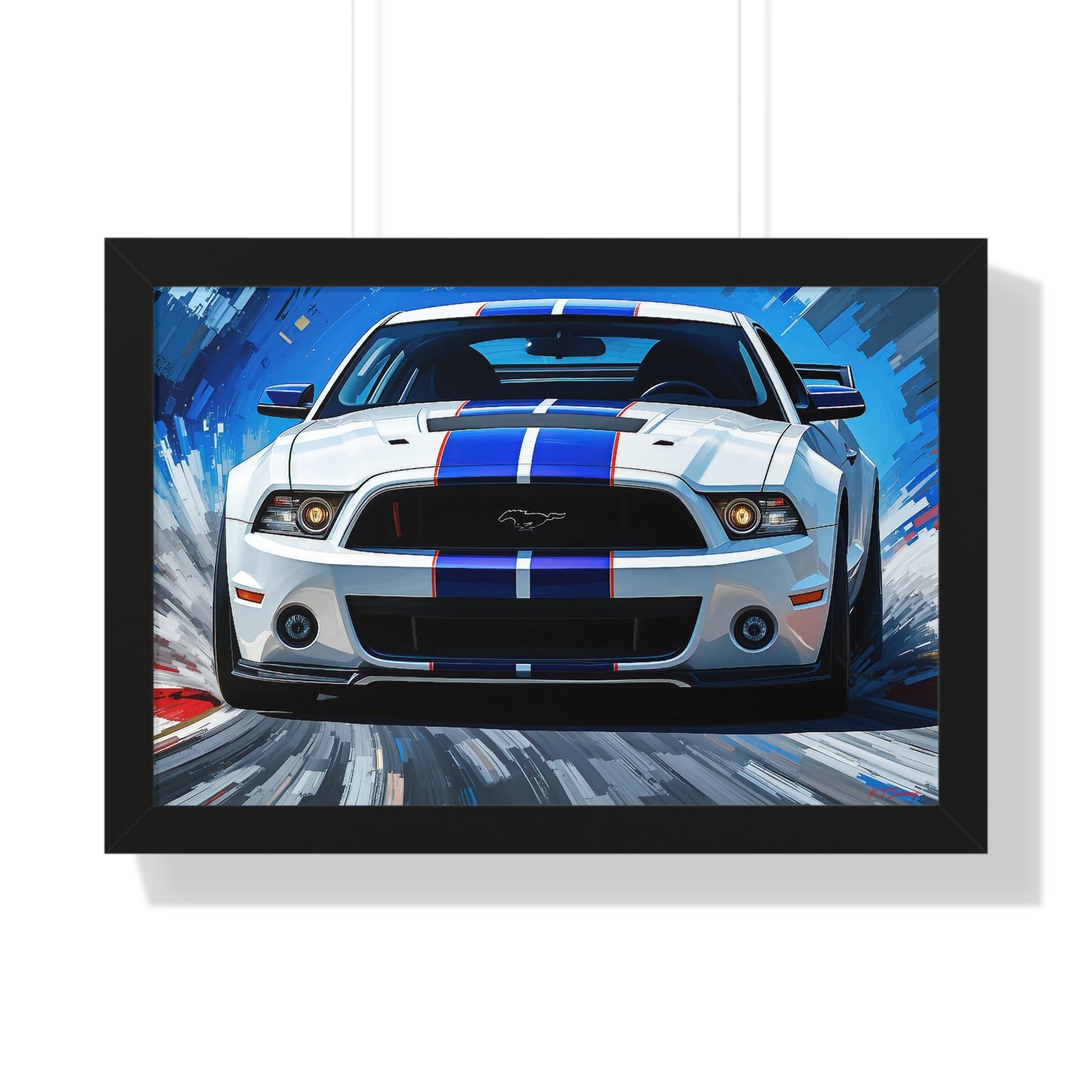 Limited Edition Mustang GT Classic Wall Art Framed Print in White with Blue Stripes Watercolor Background | Collector’s Muscle Car Artwork - Image 4