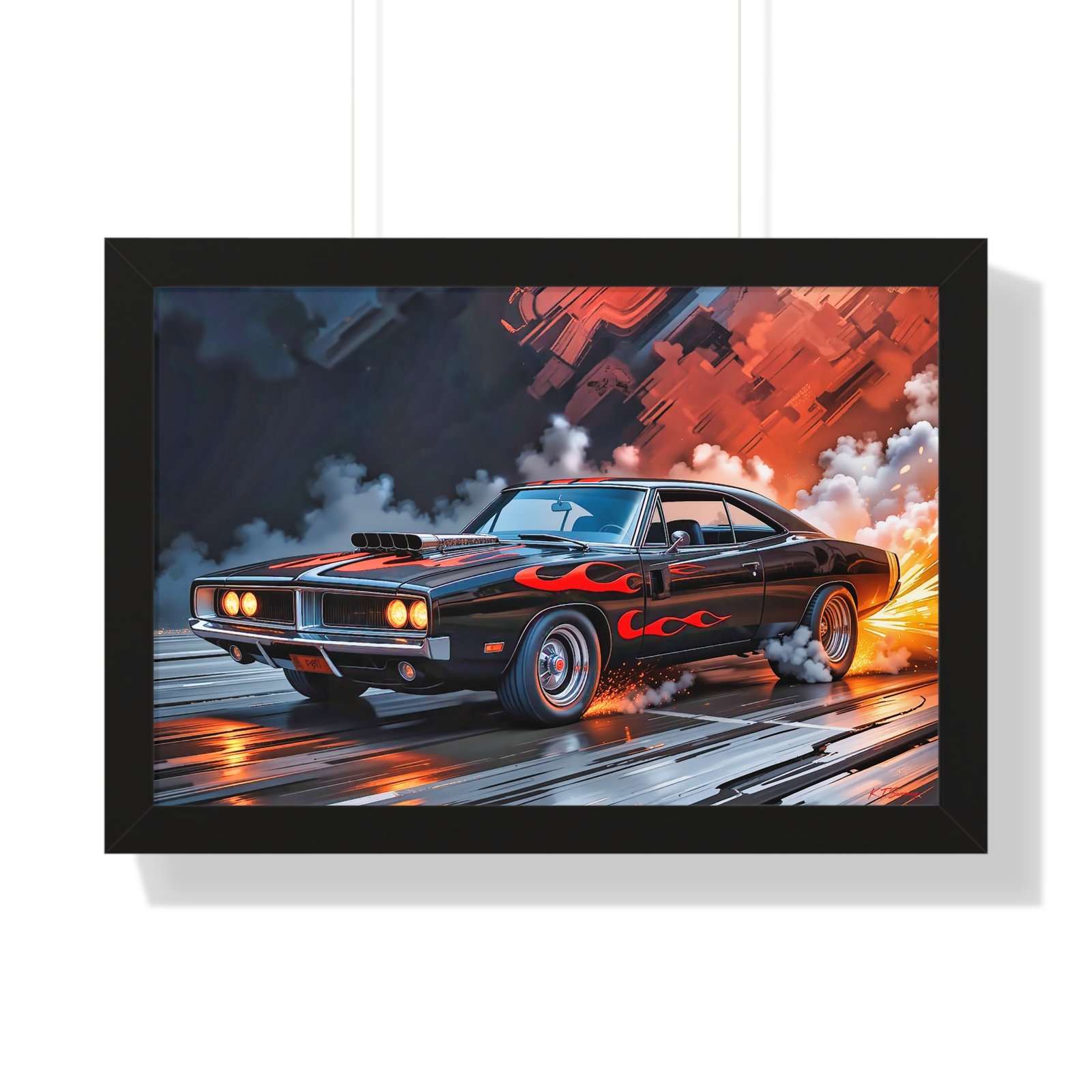 Limited Collector’s Edition 1969 Dodge Charger Hot Rod in Black with Flames Wall Art Framed Print | Classic Mopar Artwork - Image 4