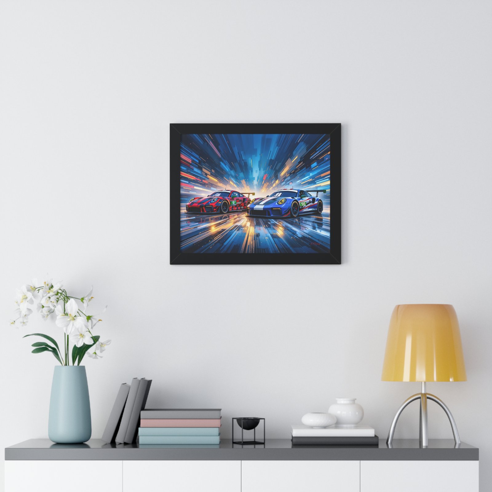 Limited Edition Duo of Porsche 911 GT3 IMSA-Inspired Racing Cars Wall Art Framed Print with 3D Textured Dynamic Colors | Collector’s Porsche Artwork - Image 2