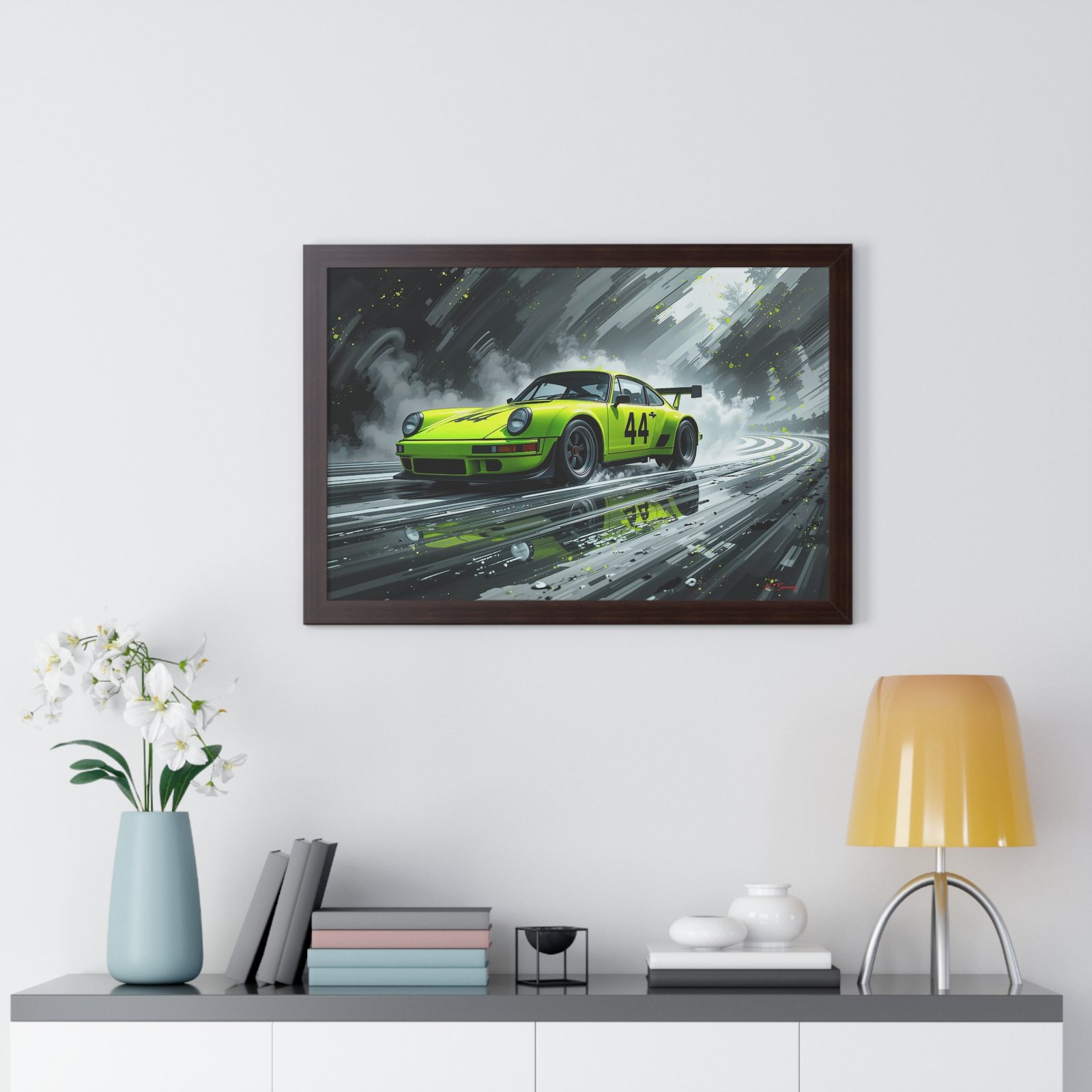 Limited Edition Porsche 930 Turbo in Neon Green with Dynamic Black and White Background Wall Art Framed Print | Collector’s Porsche Artwork - Image 17