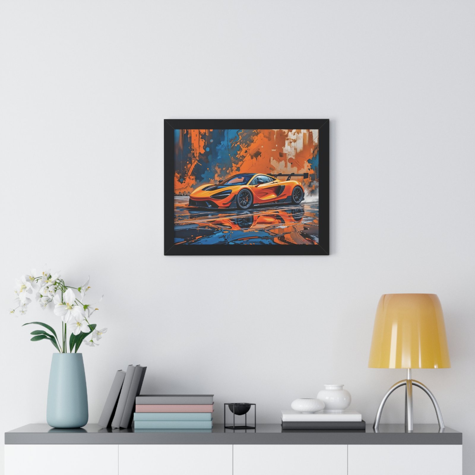 Limited Edition McLaren Supercar Wall Art Framed Print in Papaya Orange and Black Livery with Watercolor Style Textured Design | Collector’s Motorsport Artwork - Image 2