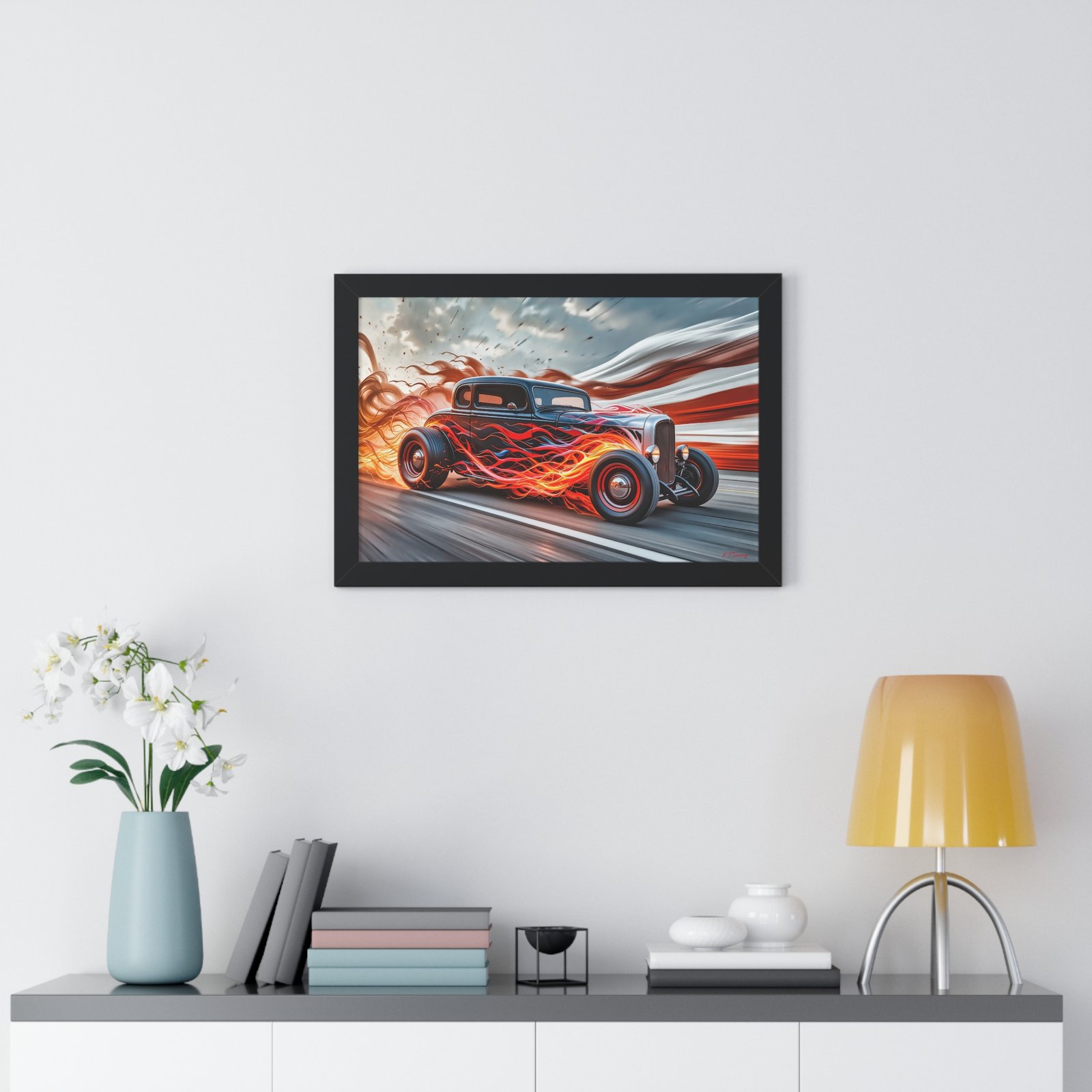 Limited Edition Hot Rod Wall Art Framed Print with Flames with American Flag - Image 5