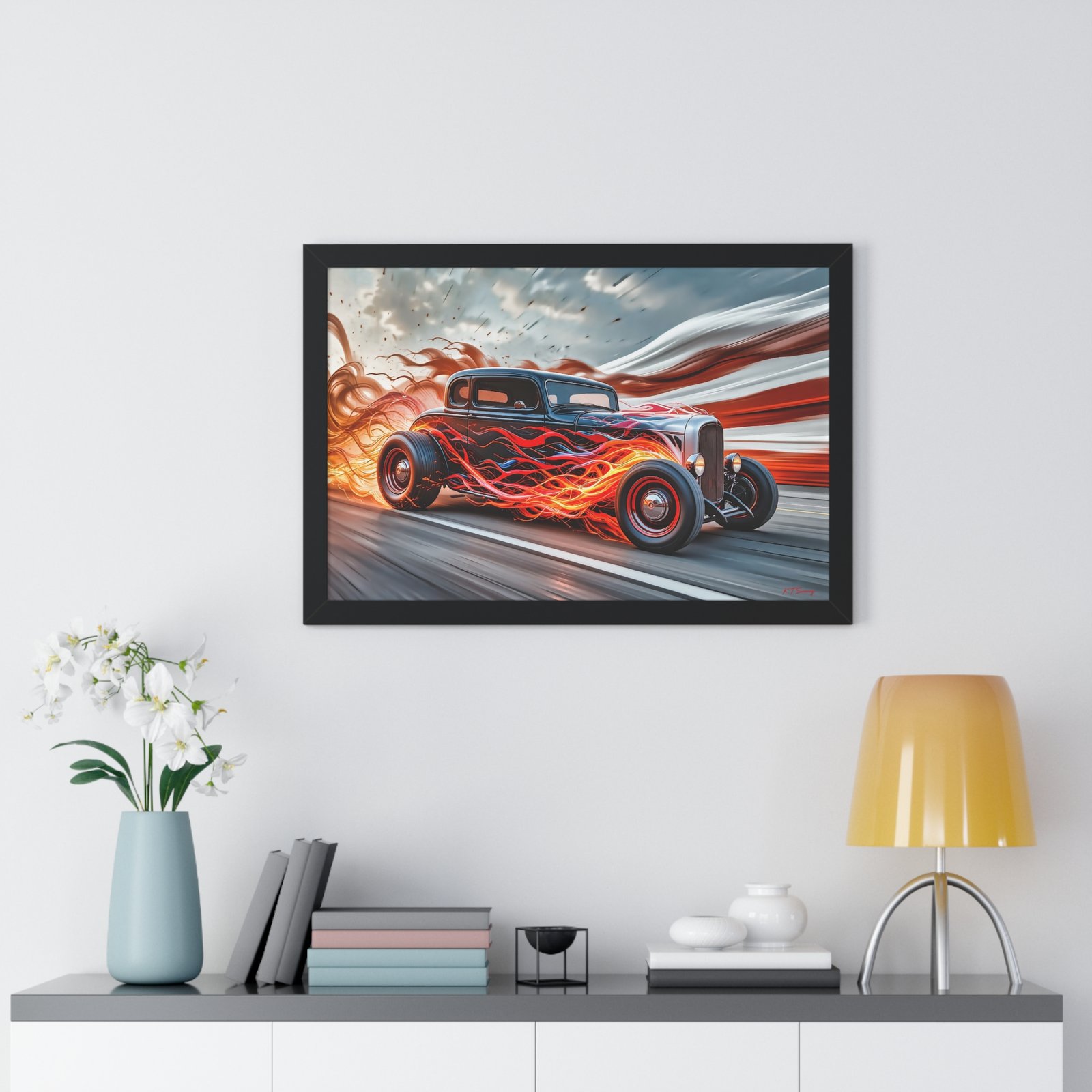 Limited Edition Hot Rod Wall Art Framed Print with Flames with American Flag - Image 8
