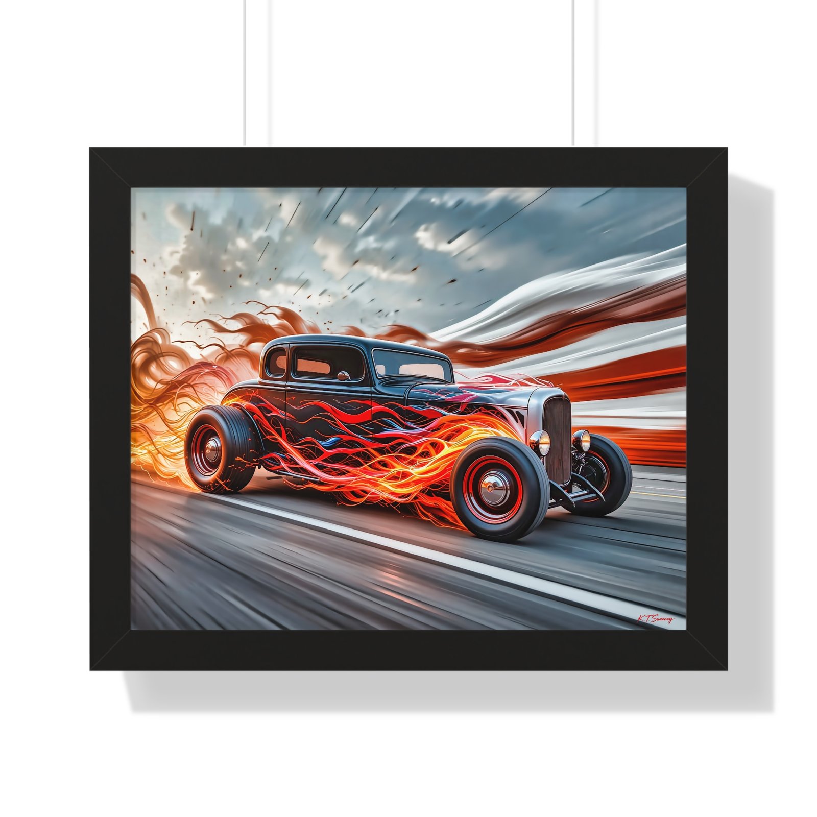 Limited Edition Hot Rod Wall Art Framed Print with Flames with American Flag