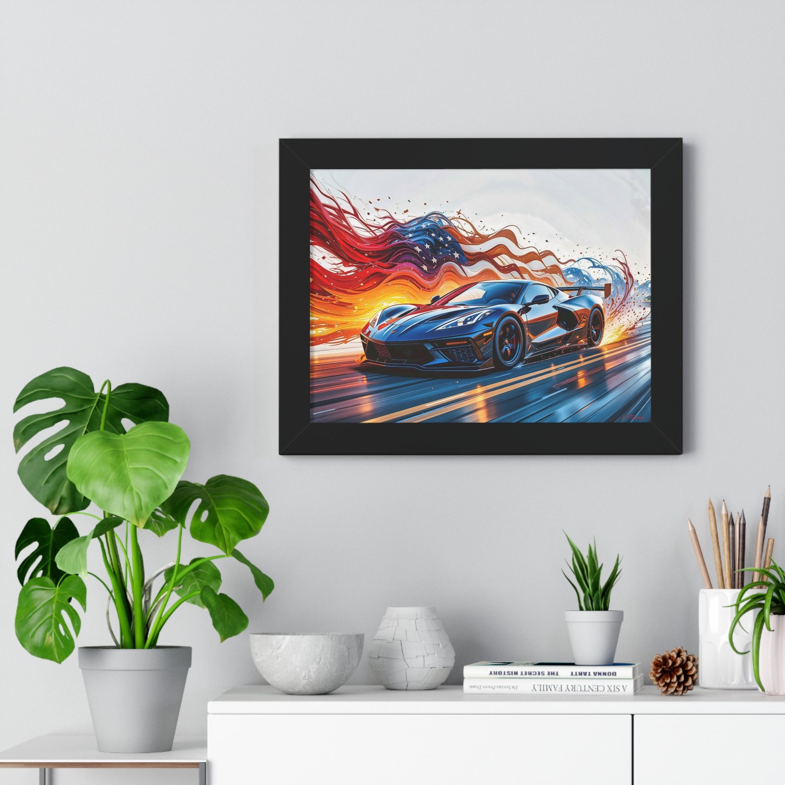 Exclusive Edition C8 Corvette with American Flag Wall Art Framed Print | Collector’s Corvette Artwork - Image 2