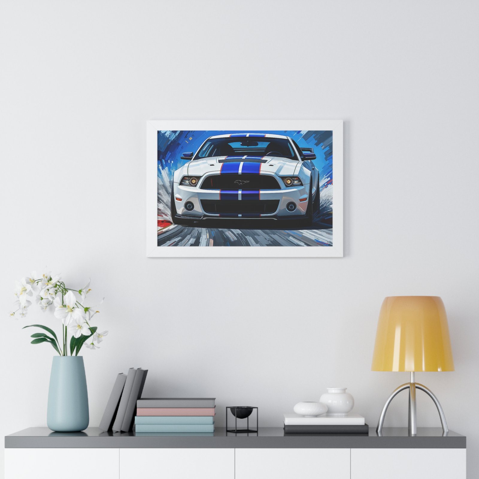 Limited Edition Mustang GT Classic Wall Art Framed Print in White with Blue Stripes Watercolor Background | Collector’s Muscle Car Artwork - Image 23