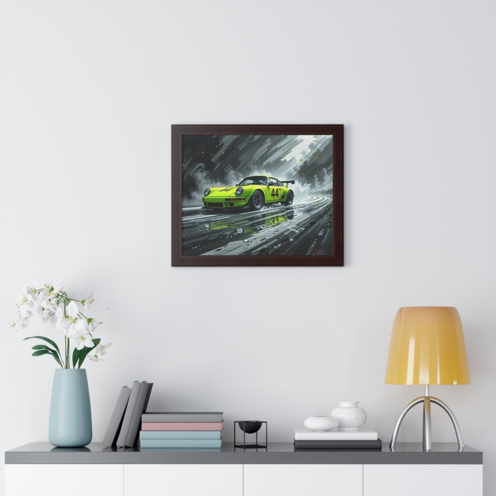 Limited Edition Porsche 930 Turbo in Neon Green with Dynamic Black and White Background Wall Art Framed Print | Collector’s Porsche Artwork - Image 11