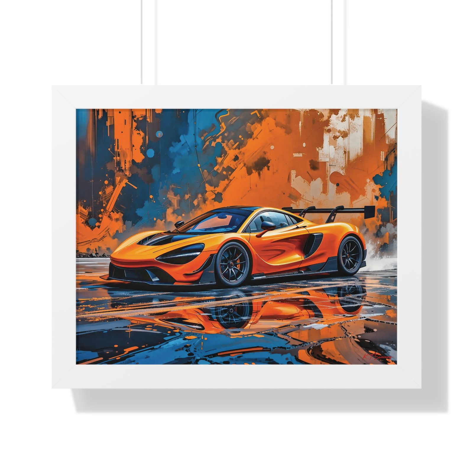 Limited Edition McLaren Supercar Wall Art Framed Print in Papaya Orange and Black Livery with Watercolor Style Textured Design | Collector’s Motorsport Artwork - Image 19