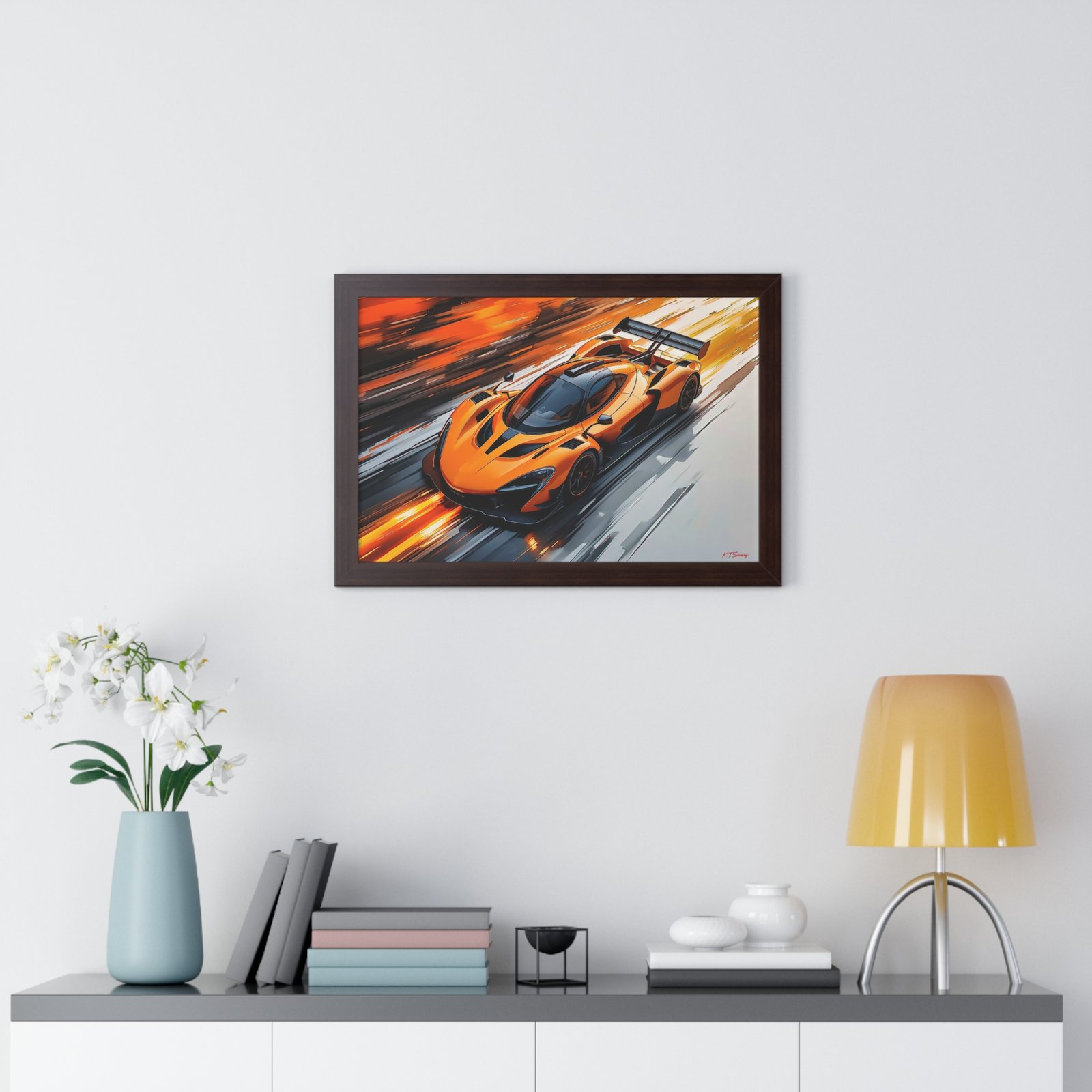 Limited Edition McLaren Inspired Supercar Wall Art Framed Print in Papaya Orange and Black Livery with Watercolor Style Textured Design | Collector’s Motorsport Artwork - Image 14