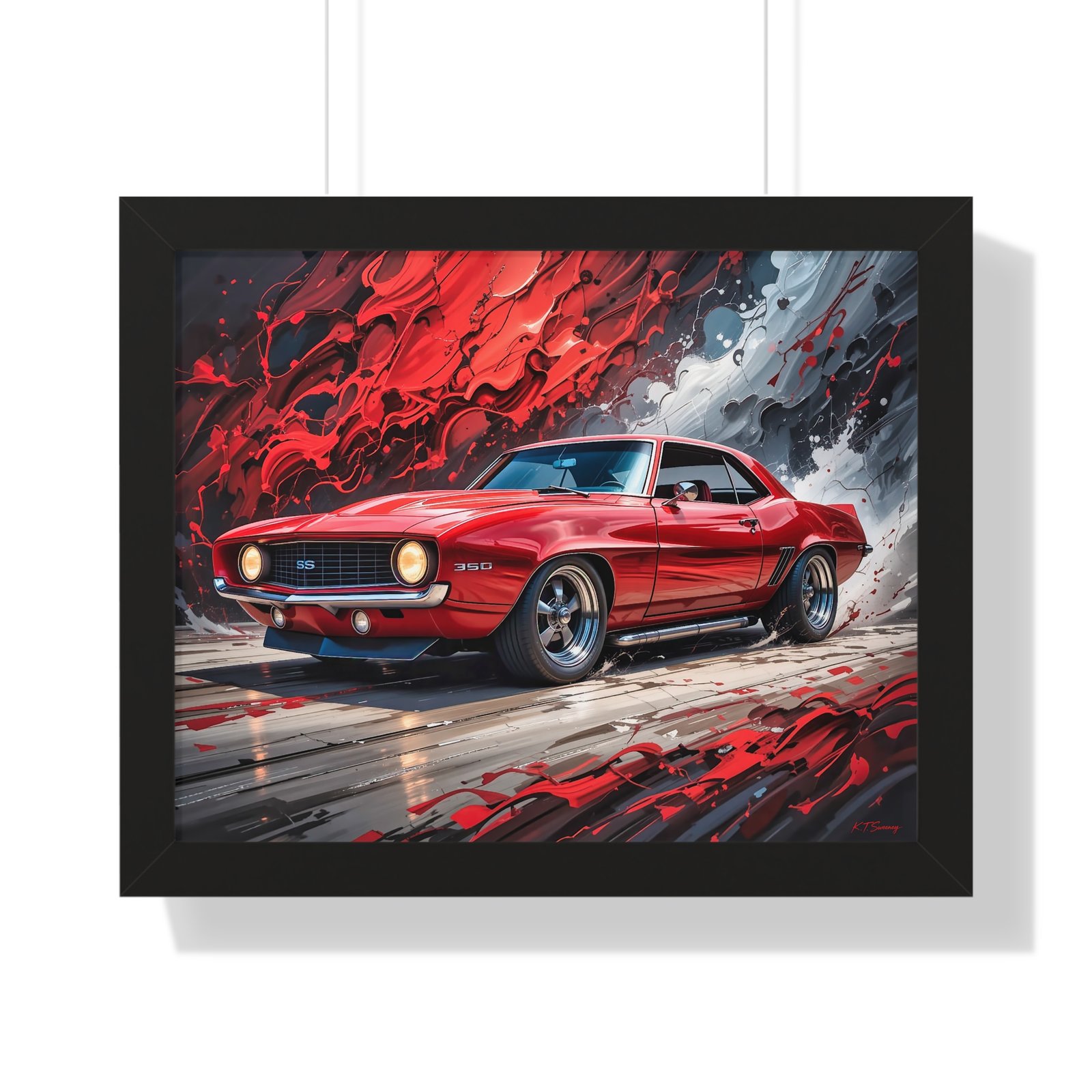 1969 Red Camaro SS Hot Rod Wall Art Framed Print with Textured Oil Paint Style Background | Studio Edition Collector’s Artwork