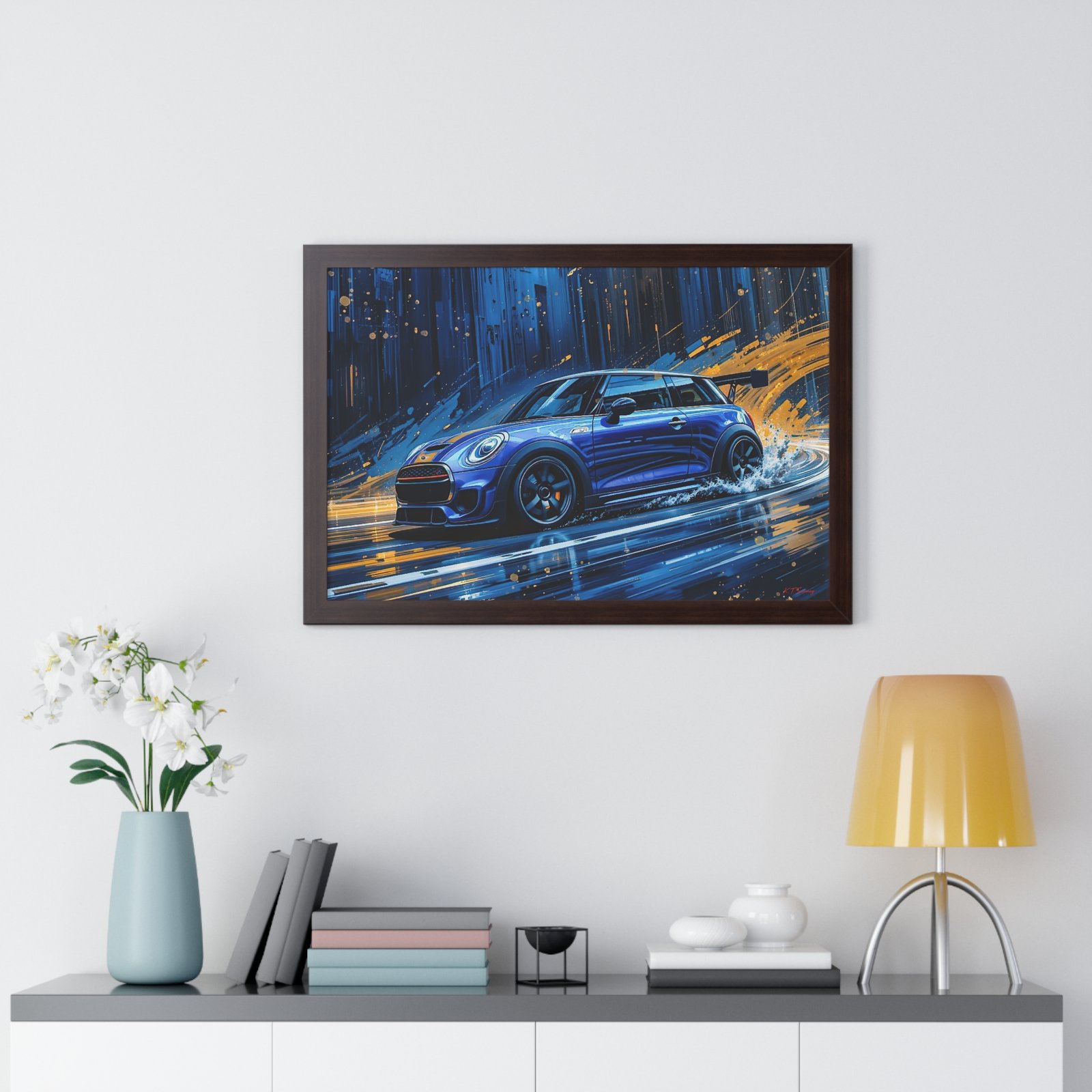 Blue Mini Cooper S Wall Art Framed Print with Dynamic Dramatic Background | Studio Edition Collector’s Artwork - Image 17