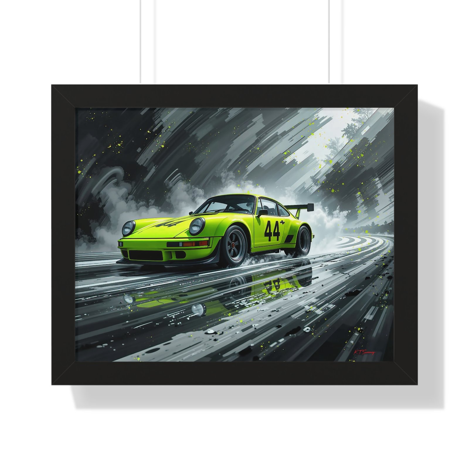 Limited Edition Porsche 930 Turbo in Neon Green with Dynamic Black and White Background Wall Art Framed Print | Collector’s Porsche Artwork