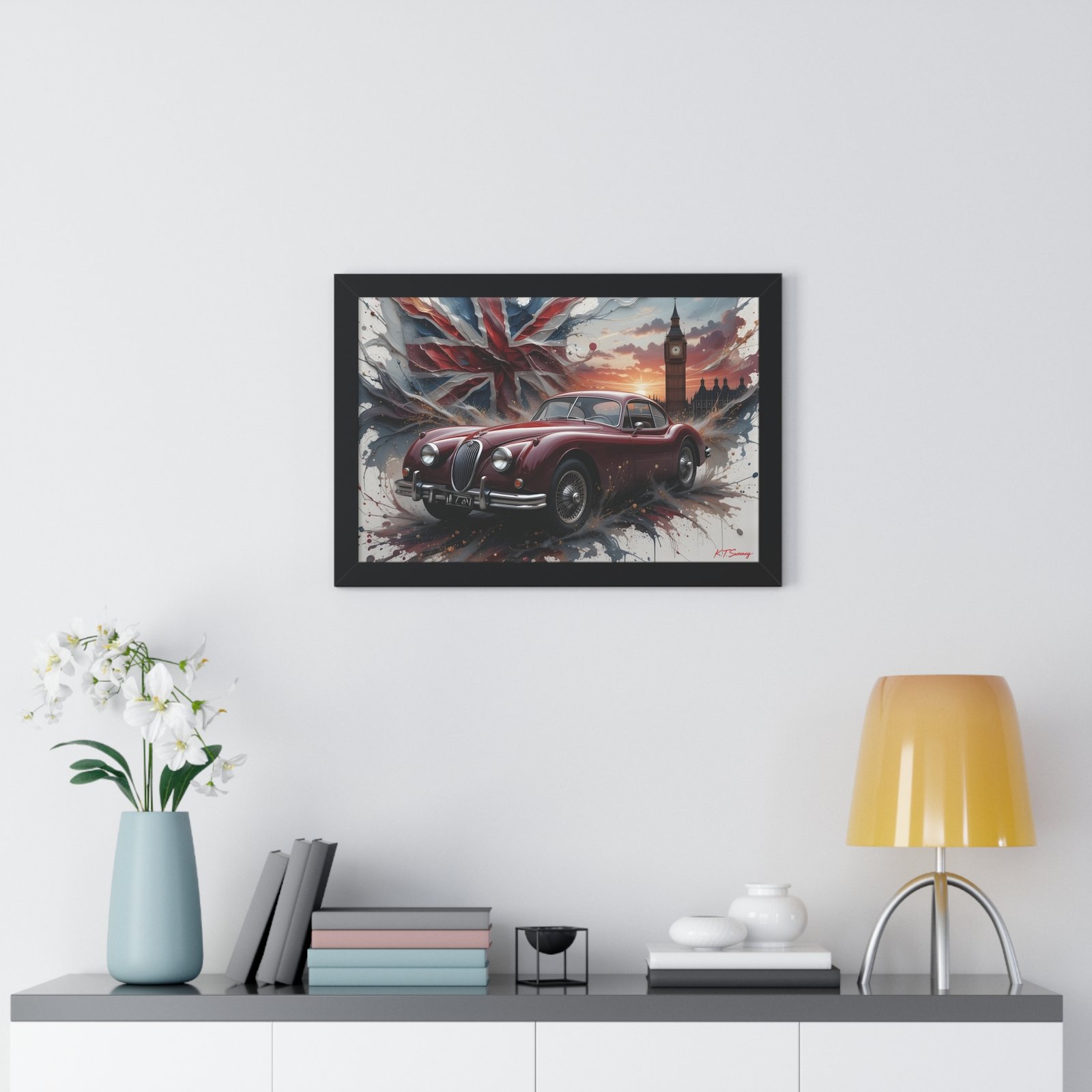 Limited Edition 1956 Jaguar XK140 Coupe Wall Art Framed Print with Union Jack | Tower of London Backdrop | Classic Jaguar Collector’s Artwork - Image 5