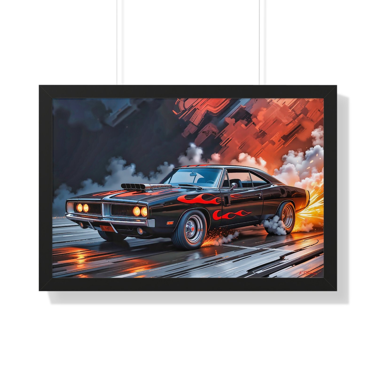 Limited Collector’s Edition 1969 Dodge Charger Hot Rod in Black with Flames Wall Art Framed Print | Classic Mopar Artwork - Image 7