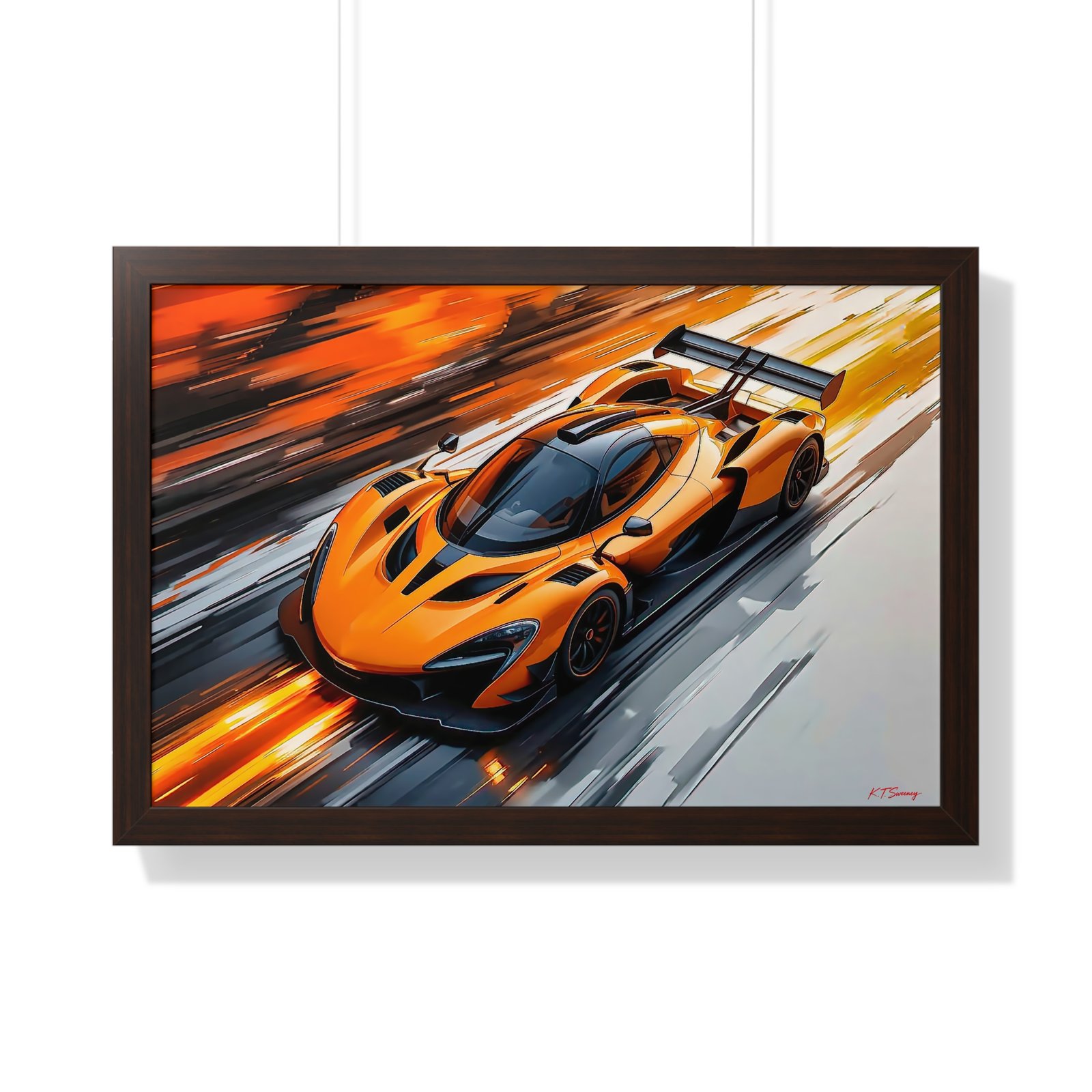 Limited Edition McLaren Inspired Supercar Wall Art Framed Print in Papaya Orange and Black Livery with Watercolor Style Textured Design | Collector’s Motorsport Artwork - Image 16