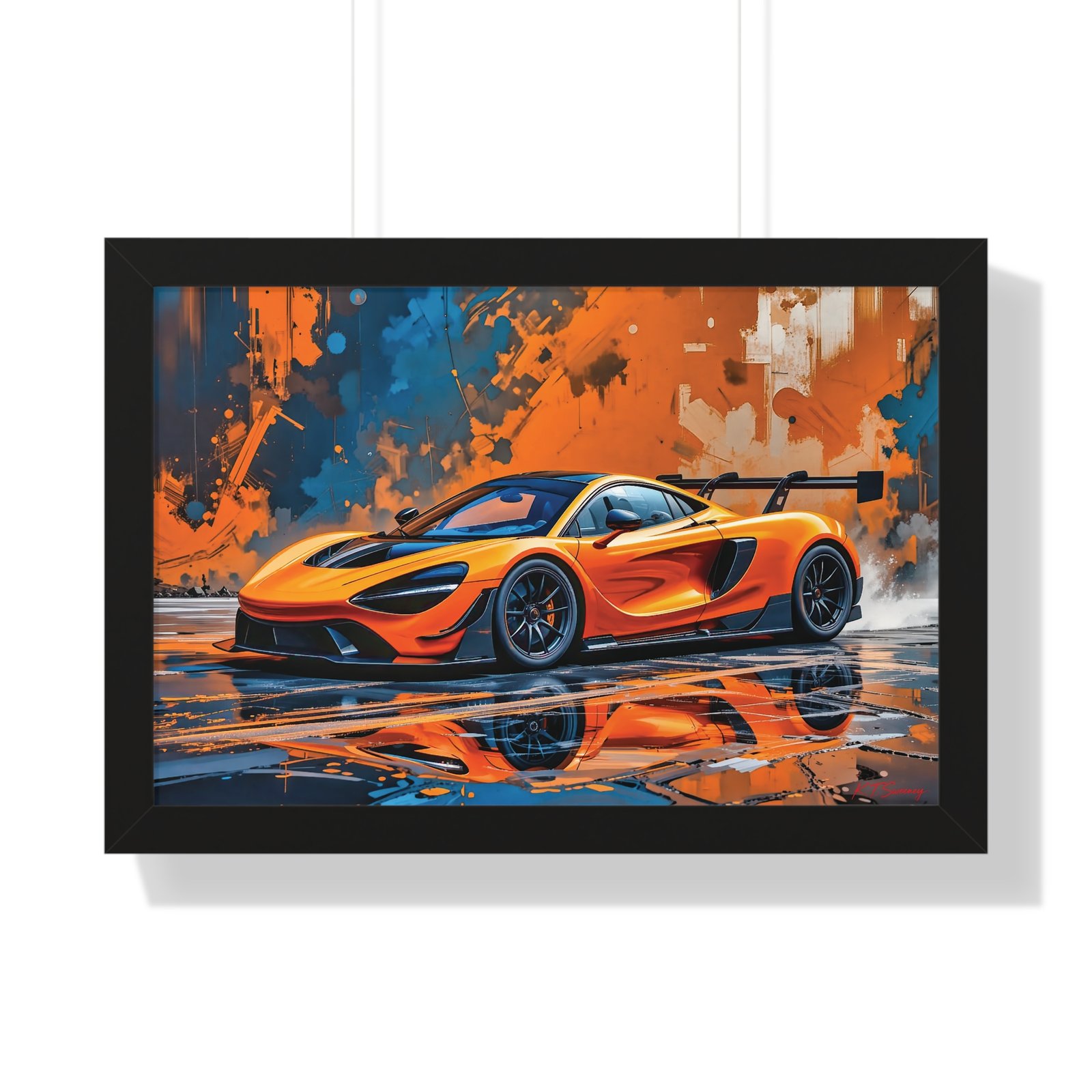 Limited Edition McLaren Supercar Wall Art Framed Print in Papaya Orange and Black Livery with Watercolor Style Textured Design | Collector’s Motorsport Artwork - Image 4