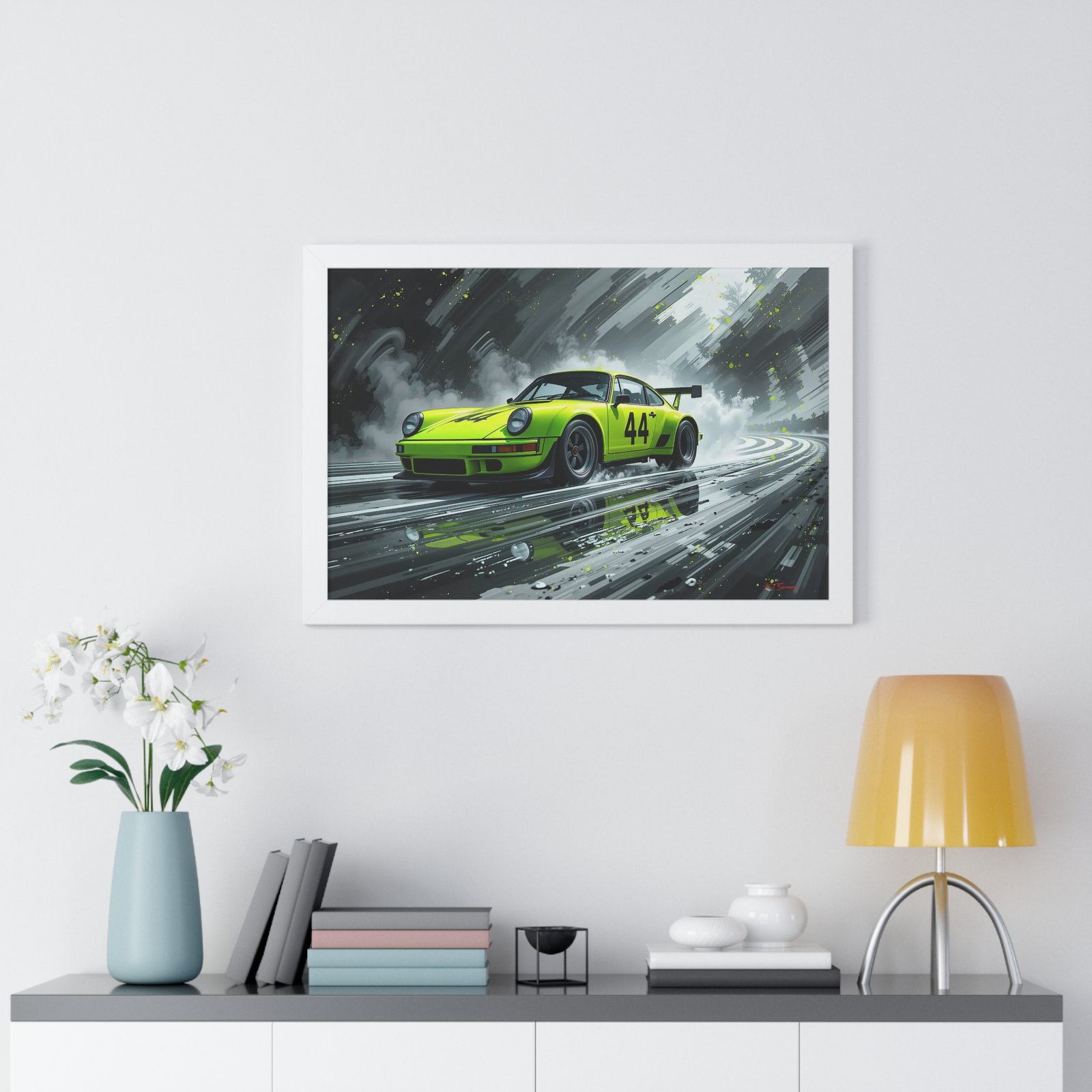 Limited Edition Porsche 930 Turbo in Neon Green with Dynamic Black and White Background Wall Art Framed Print | Collector’s Porsche Artwork - Image 26