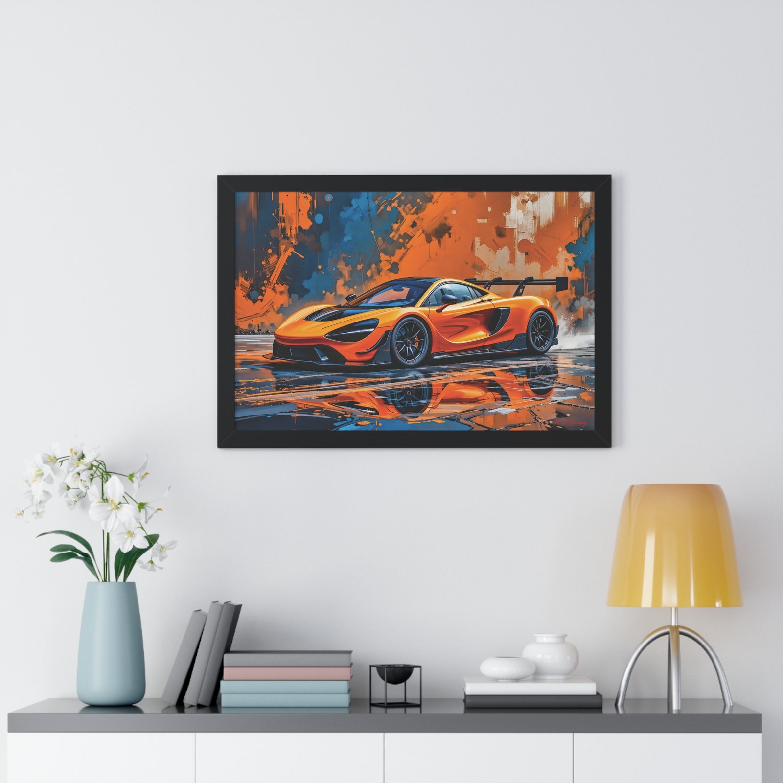 Limited Edition McLaren Supercar Wall Art Framed Print in Papaya Orange and Black Livery with Watercolor Style Textured Design | Collector’s Motorsport Artwork - Image 8