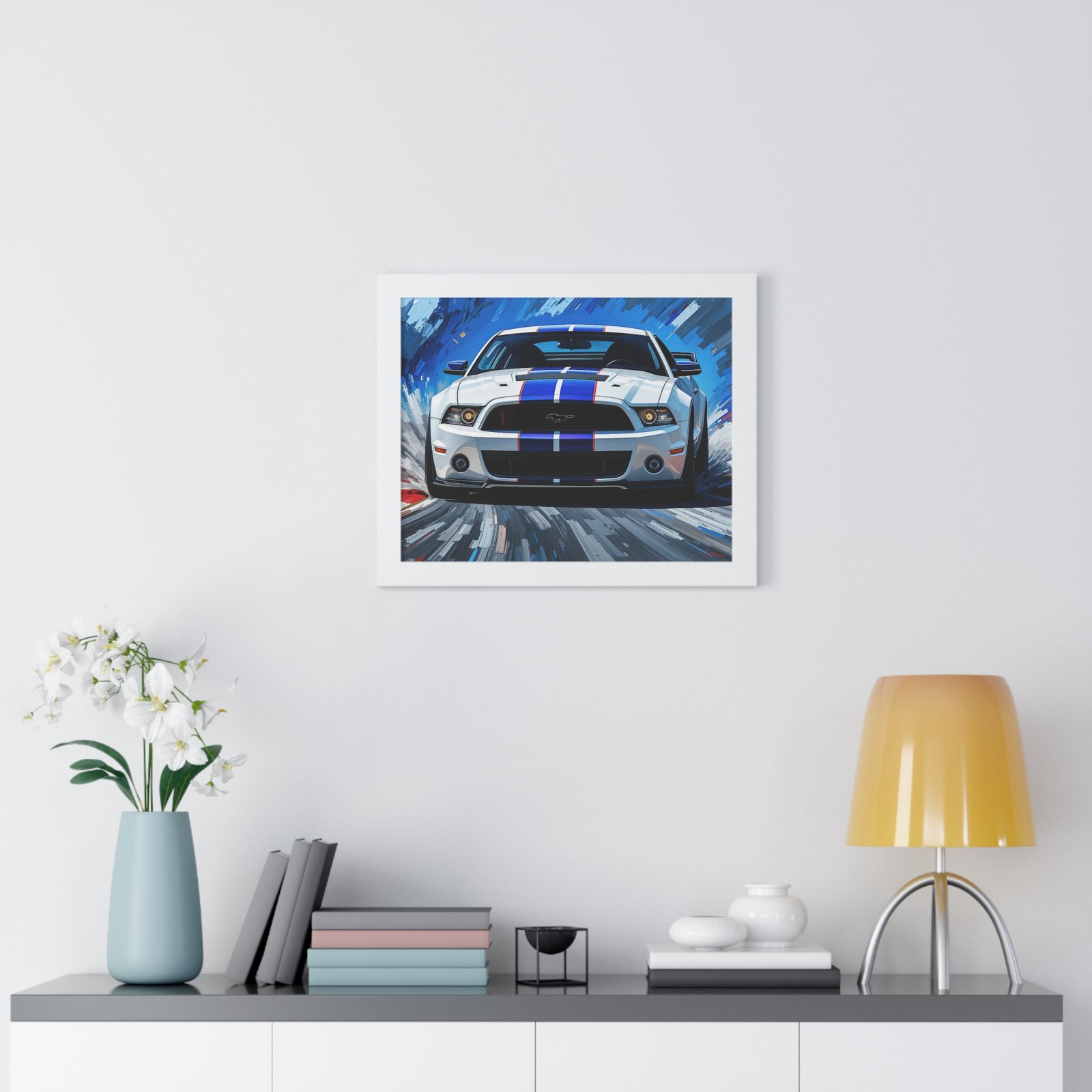 Limited Edition Mustang GT Classic Wall Art Framed Print in White with Blue Stripes Watercolor Background | Collector’s Muscle Car Artwork - Image 20