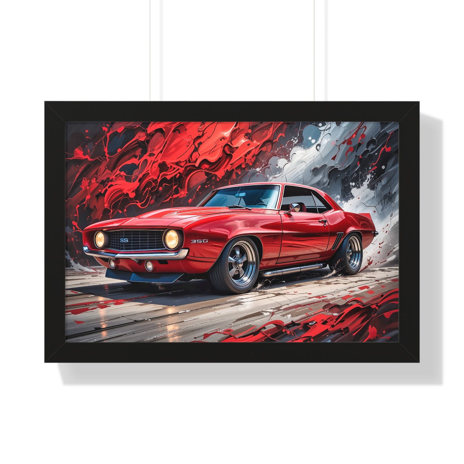 1969 Red Camaro SS Hot Rod Wall Art Framed Print with Textured Oil Paint Style Background | Studio Edition Collector’s Artwork - Image 4