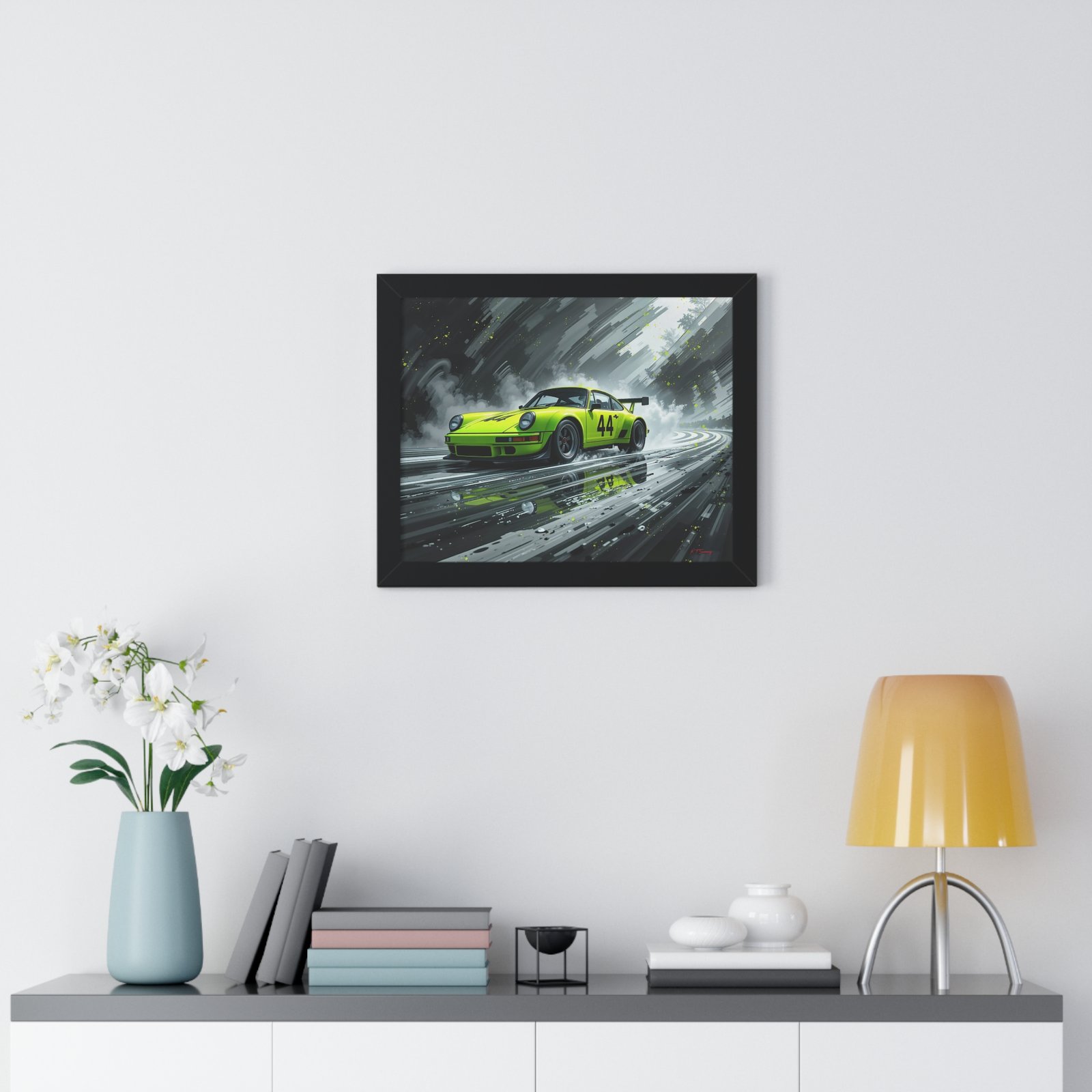 Limited Edition Porsche 930 Turbo in Neon Green with Dynamic Black and White Background Wall Art Framed Print | Collector’s Porsche Artwork - Image 2