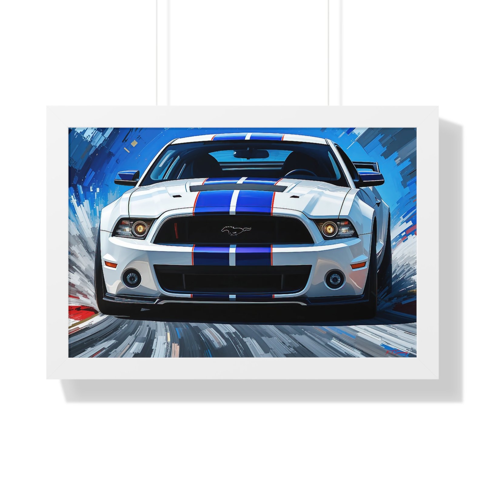 Limited Edition Mustang GT Classic Wall Art Framed Print in White with Blue Stripes Watercolor Background | Collector’s Muscle Car Artwork - Image 22